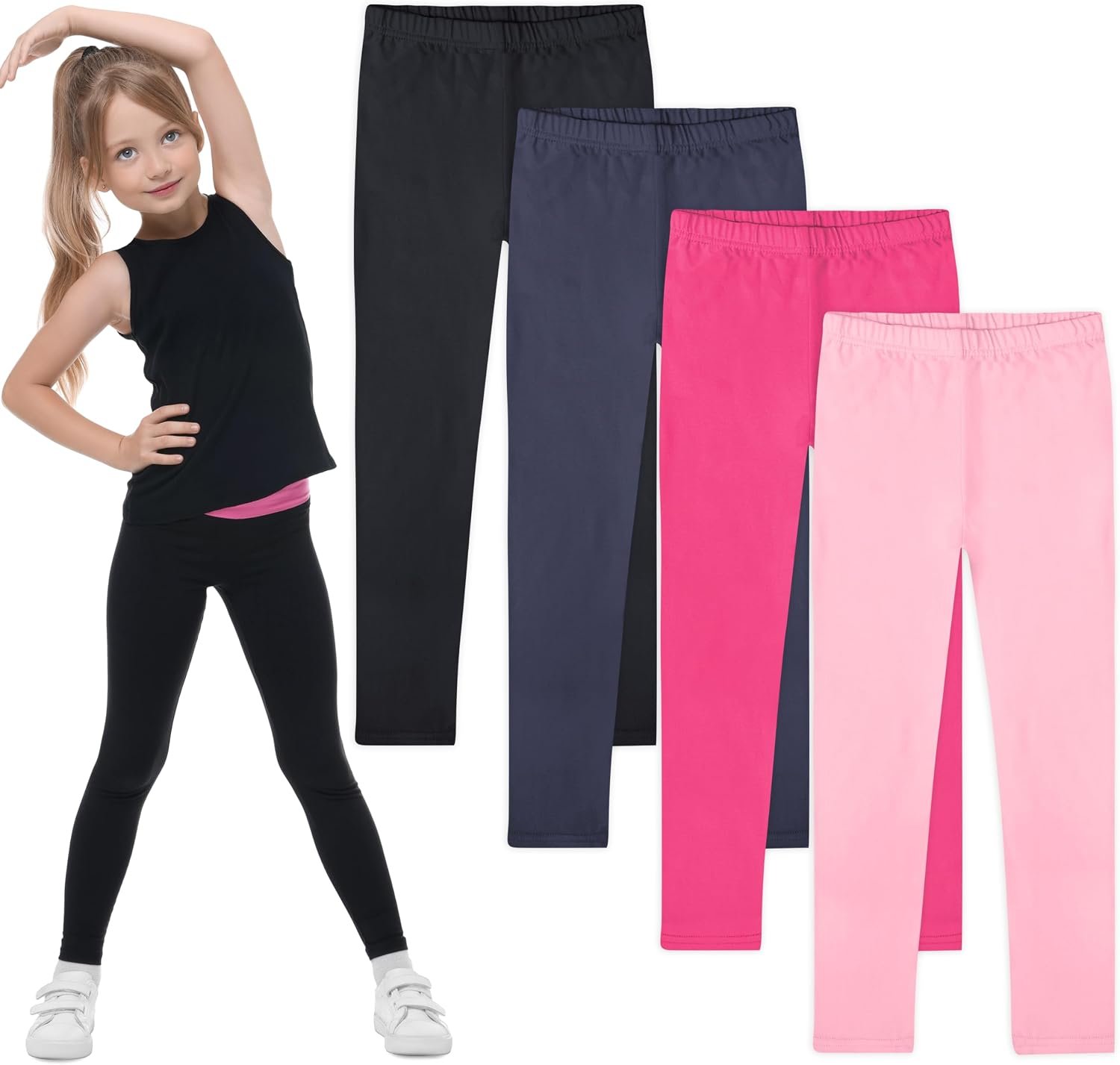 FEQO 4 Pack Girls Cotton Leggings Stretchy Full Length Tight Pants for Girls 4-12Y