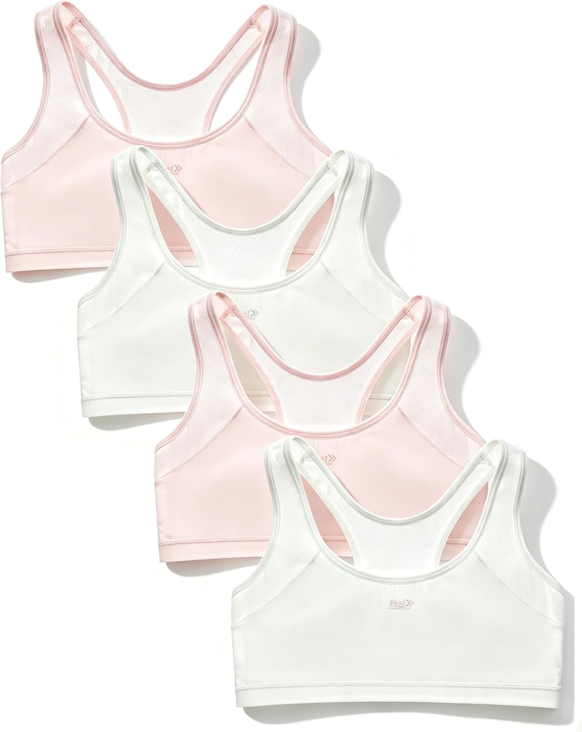 Soft Cotton Seamless Training Bras for Girls 8-14 with Sewn Padding | First Tween Wire-Free No Show Lightweight School Sports Bra, Ventilated Mesh Racerback Bra, Breathable Pull-On Comfort 4-Pack