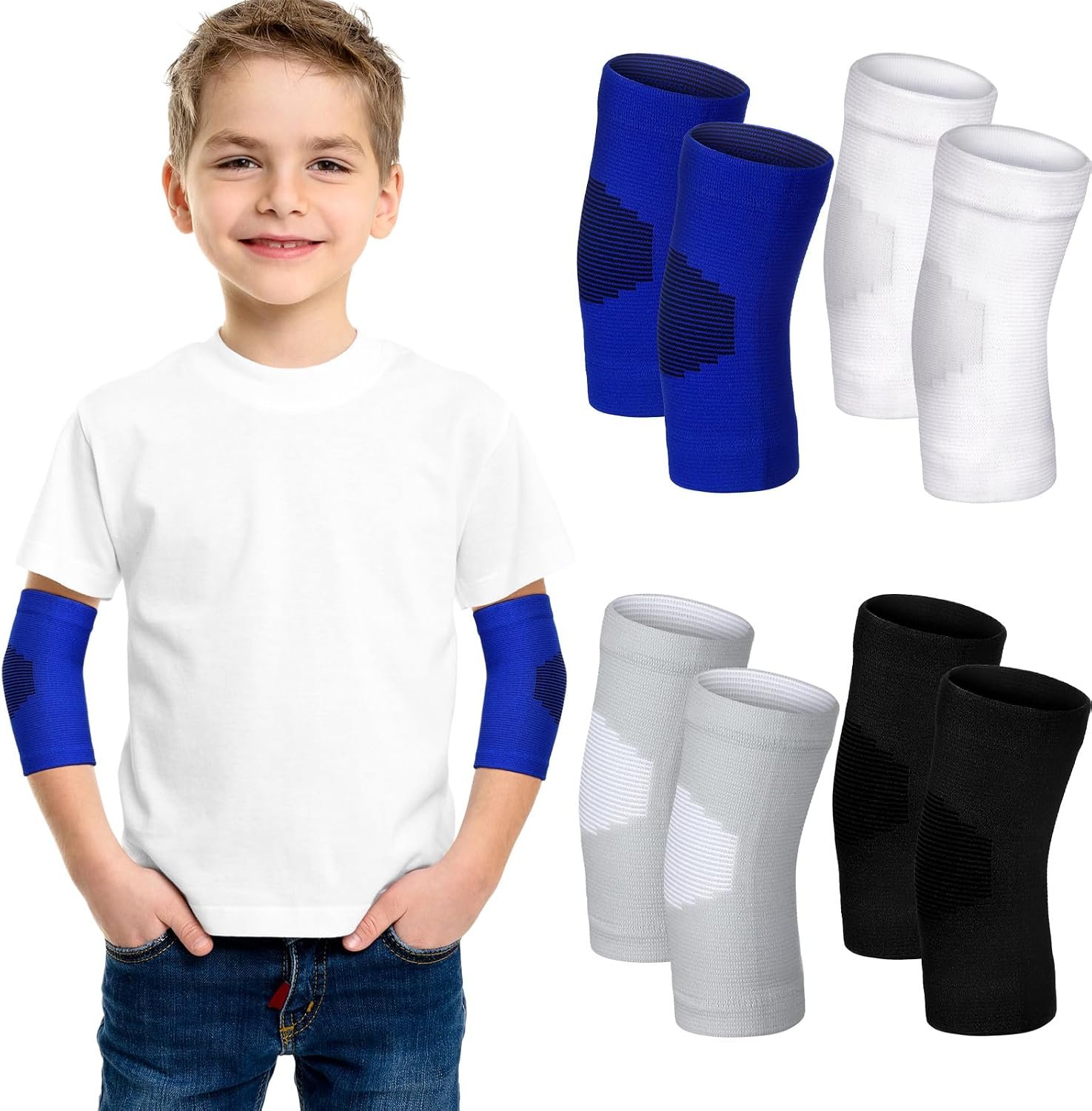 Lenwen 4 Pairs Kids Elbow Brace Compression Arm Elbow Sleeve Knit Guard Gym Protectors for Boys Teen Children Girls Basketball Volleyball Tennis Cycling (5-10 Years,Black, White, Blue, Gray)