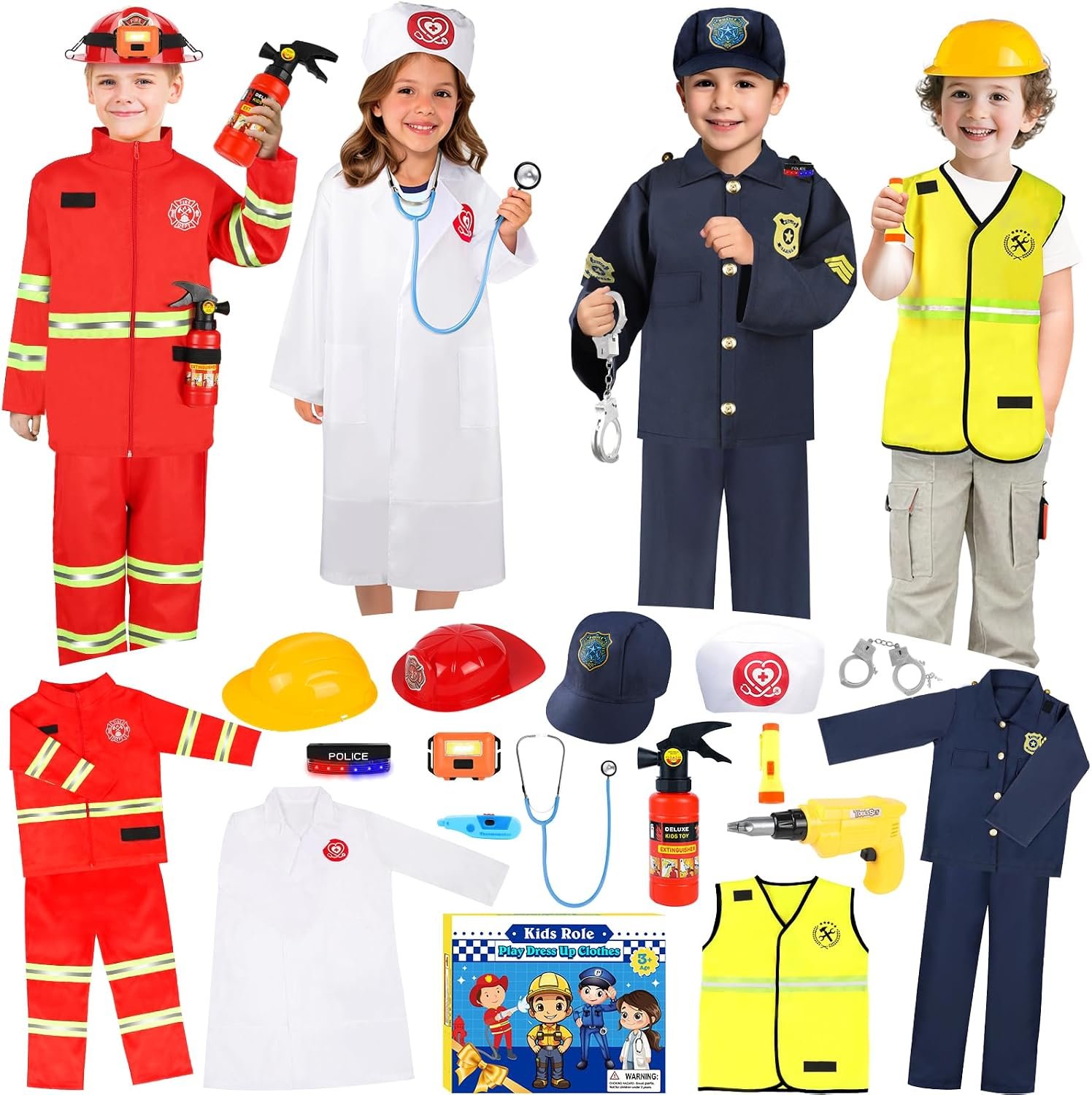 IVENRXIU Toddler Dress Up Clothes,4 In 1 Role Play Costumes for kids 3–8 | Includes Police, Doctor,Fireman,Engineer for kids Career Pretend Play Toys For Party,Halloween Christmas Birthday Gifts