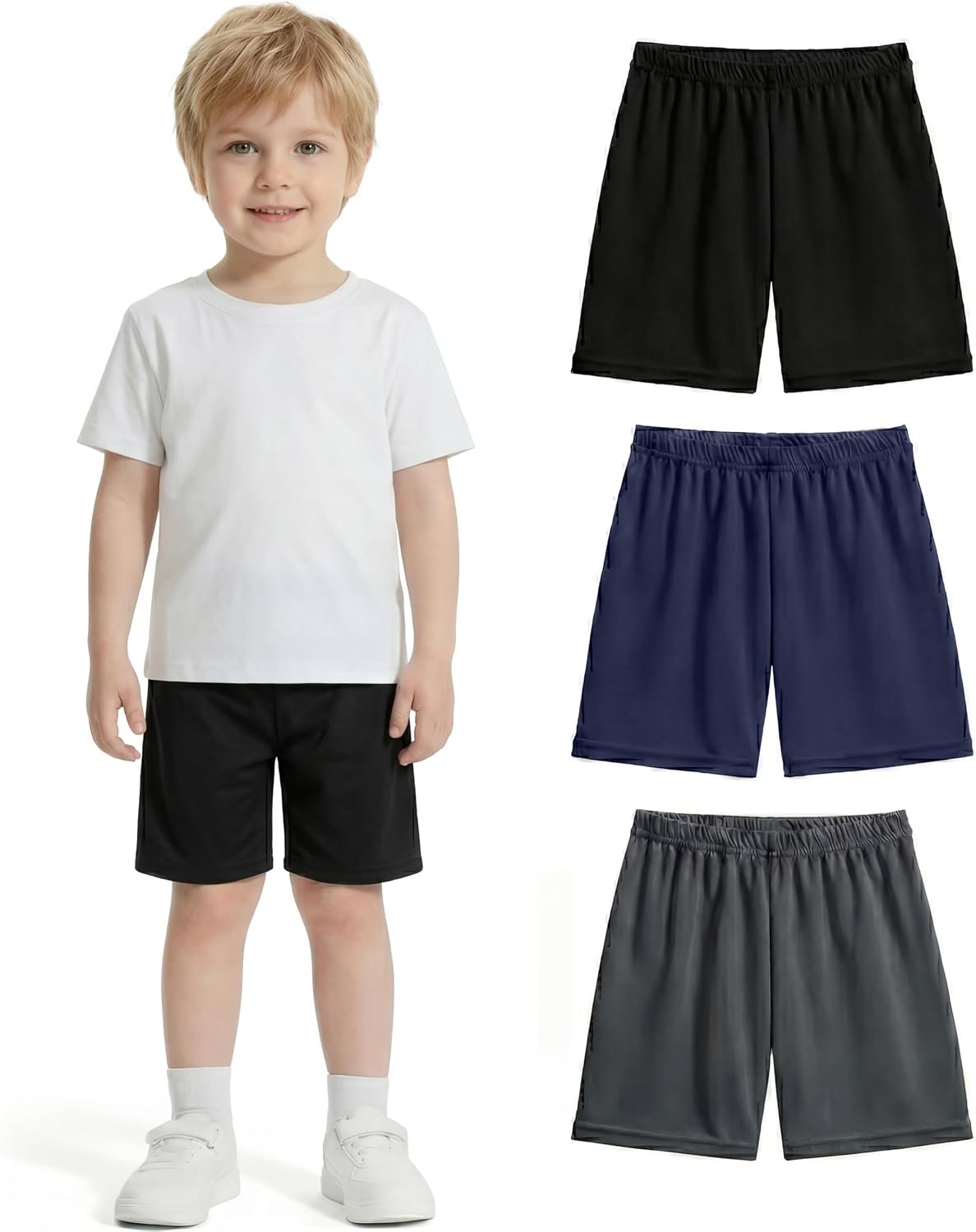 3 Pack Toddler Boys Athletic Shorts, Kids Mesh Quick Dry, 2T-6T | 3 Pack toddler boys athletic shorts; breathable quick-dry mesh and elastic waist for basketball, soccer, running and play.
