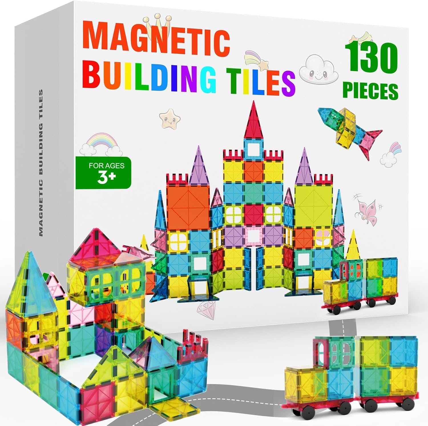 Paaxido Magnetic Tiles – 130PCS Magnetic Blocks for Kids, Magnet Tiles Building Blocks Set with 2 Cars, Construction STEM Magnet Toys Gift for Kids, Boys and Girls 3 4 5 6 7 8+ Year Old
