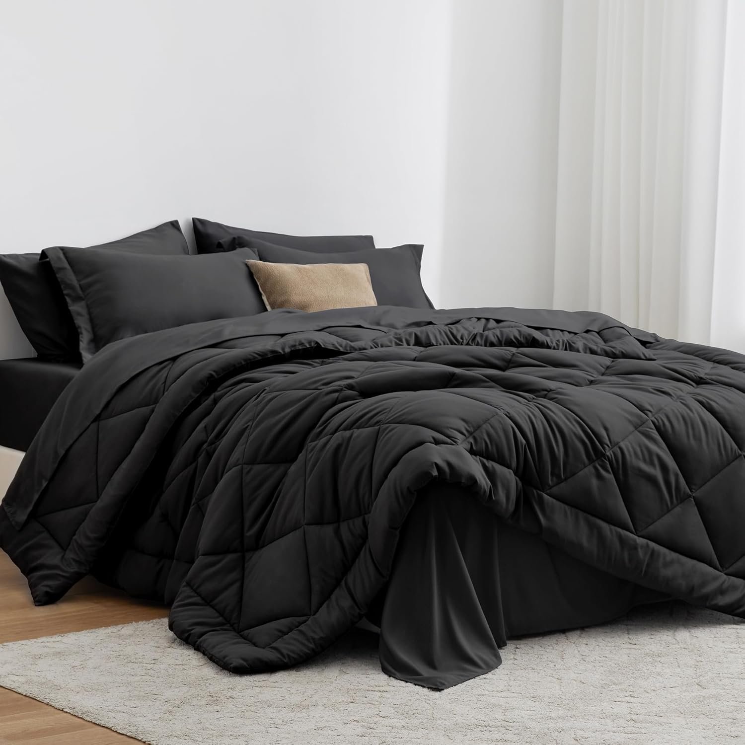 Love’s cabin Twin Comforter Set Black, 5 Pieces Twin Bed in a Bag, All Season Bedding Sets with 1 Comforter, 1 Flat Sheet, 1 Fitted Sheet, 1 Pillowcase and 1 Pillow Sham