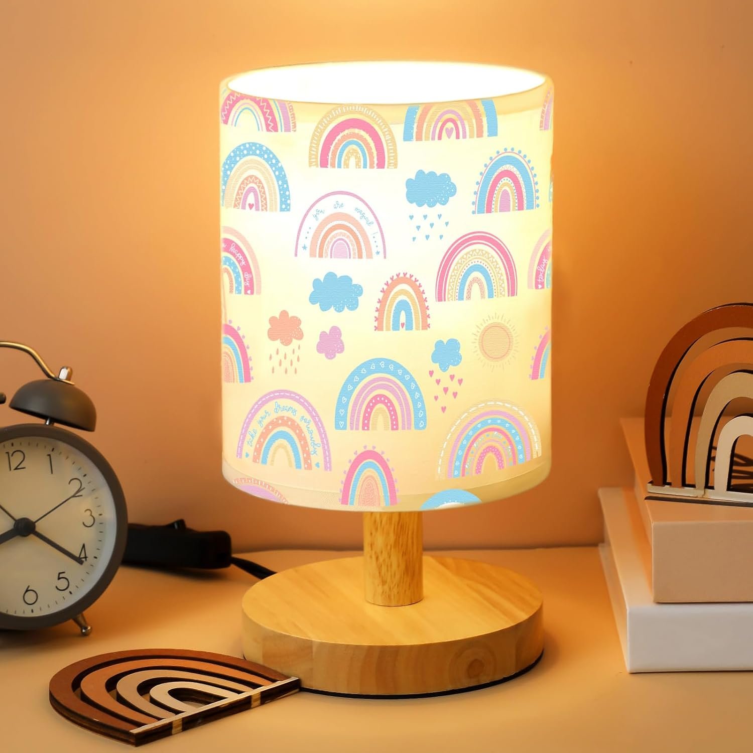 VIHOSE Rainbow Kids Table Lamp for Bedroom Kids Bedside Lamp with Linen Wooden Nightstand Cartoon Nursery Lampshade for Girls Boys Living Room