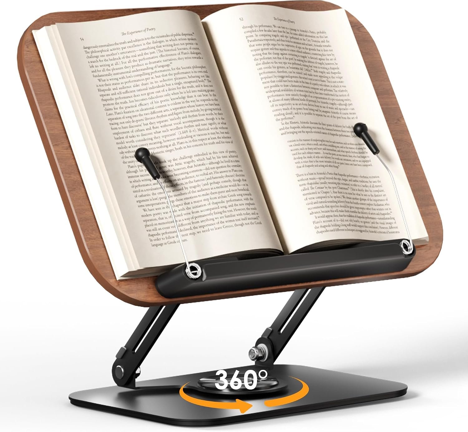 Book Stand for Reading, Adjustable Book Holder with 360° Rotating Bases, Foldable Designs, and Elastic Clips, Multifunctional Display Stand for Recipe, Cookbooks, Magazines, Tablets, Laptops