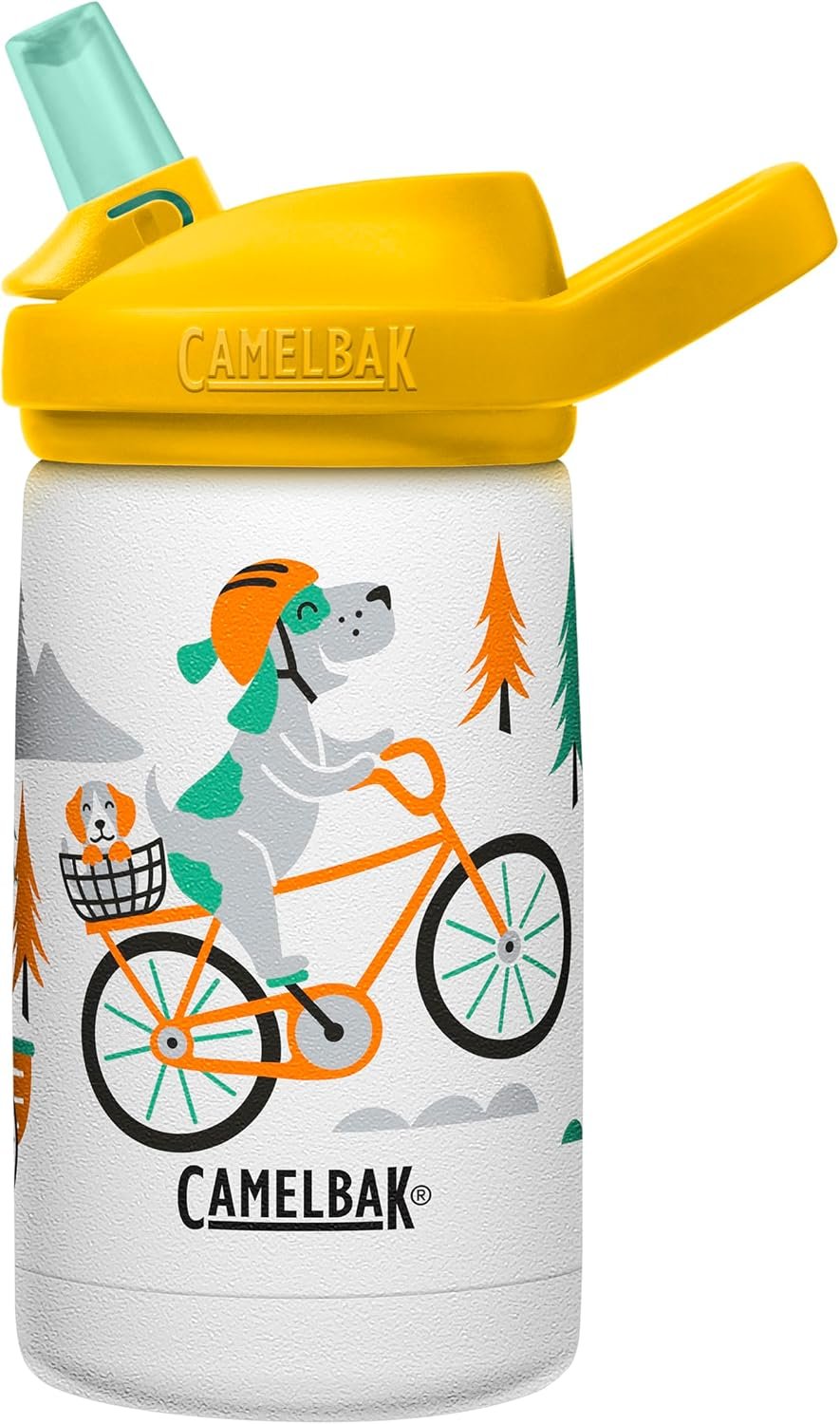 CamelBak Eddy+ Kids Insulated Stainless Steel Water Bottle with Bite Valve Straw, Leak‑Resistant Design for Everyday Hydration, 12oz, Biking Dogs