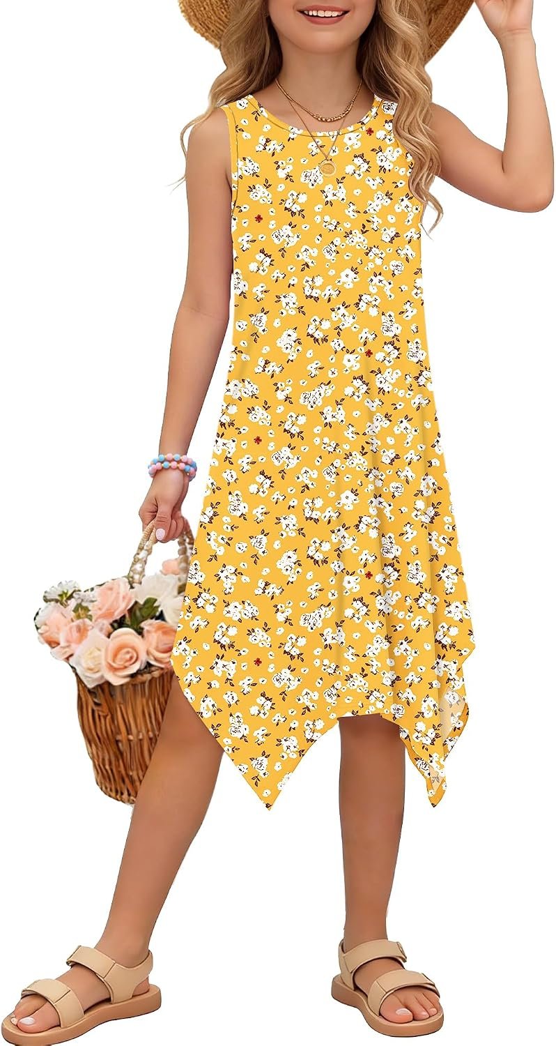 Girls Sleeveless Round Neck Summer Kids Casual 2026 Asymmetrical Hem Dress | Kids mdi casual party tank dress, 2026 Casual sundress for girls summer daily and beach, two side pockets, 5-16 Years