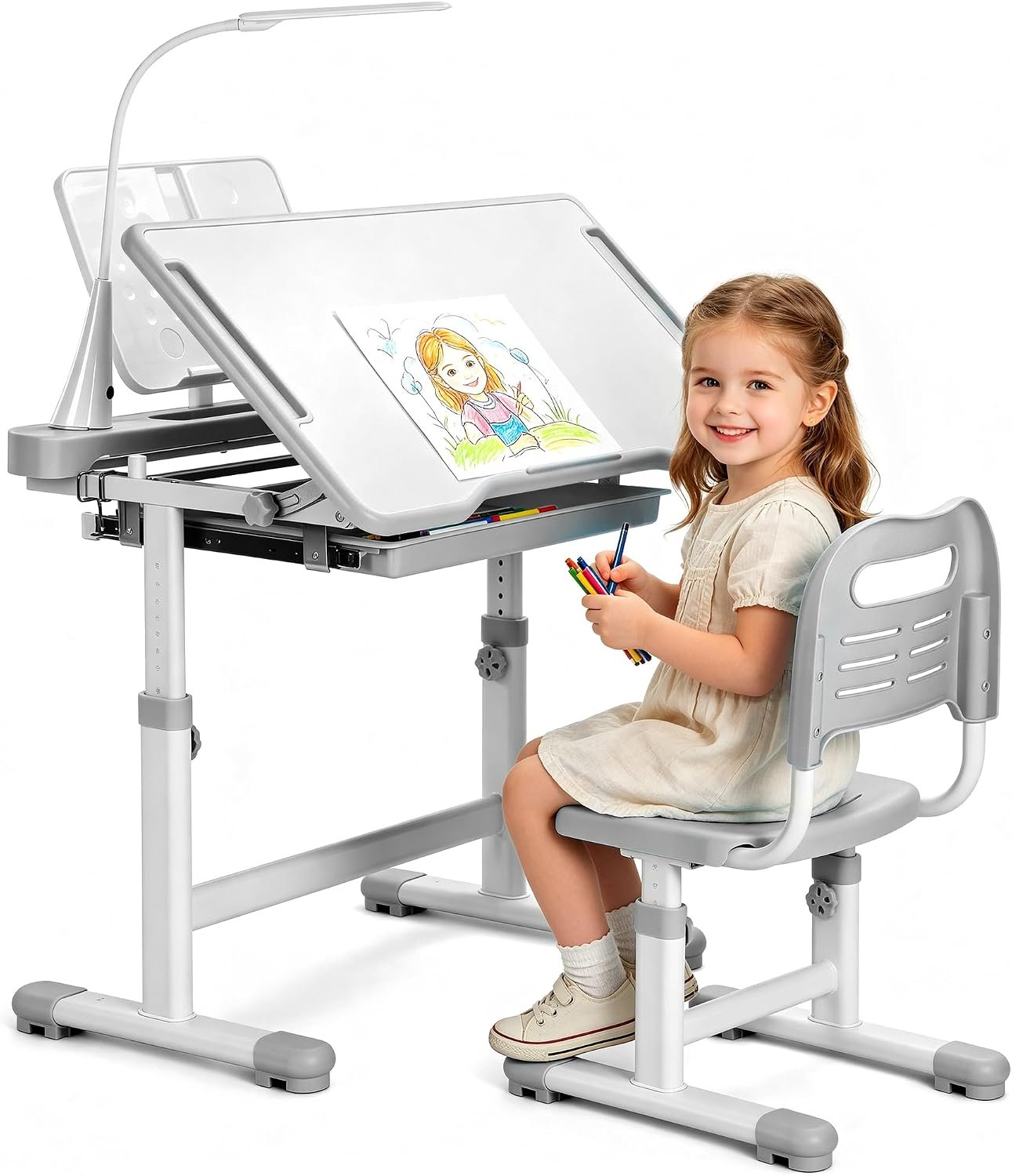 Kids Desk and Chair Set, Height Adjustable Children School Functional Study Desk with 55° Tiltable Desktop, 3 Modes & Brightness LED Light, Storage Drawer & Metal Hook for Boys Girls (Grey)