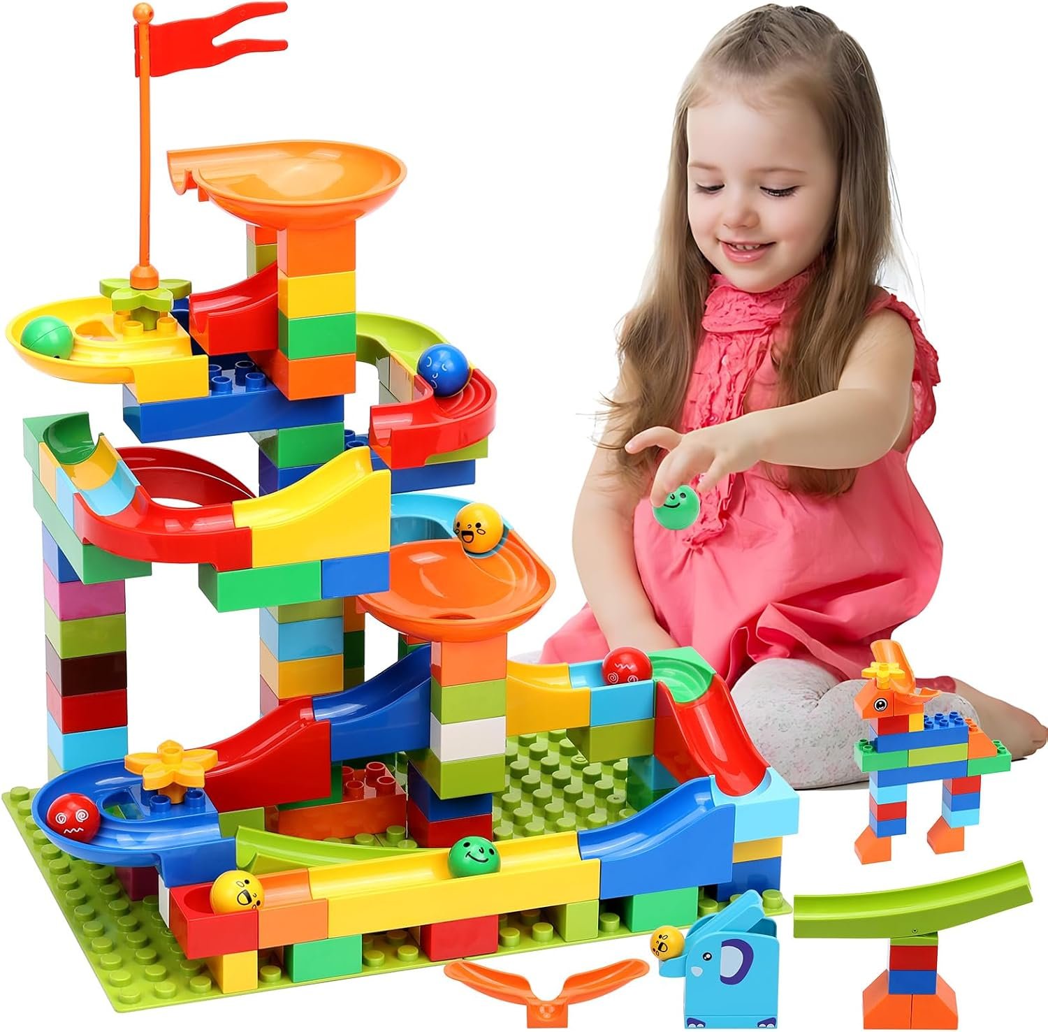 COUOMOXA Marble Run Blocks Building Set: 110-Piece STEM Toy for Kids 3-8 | Compatible with Classic Bricks – Educational Blocks for Home Classroom – Birthday Christmas Gift for Boys Girls
