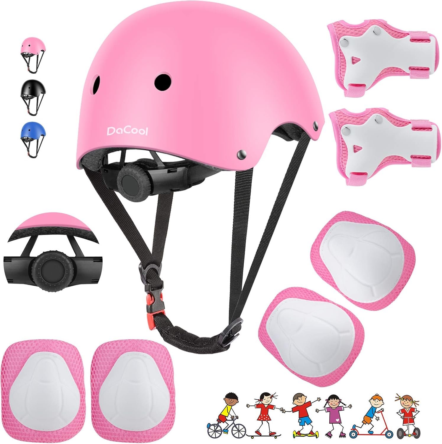 DaCool Kids Bike Helmet Set Skateboard Knee Pads – Kids Helmet Elbow Pads Wrist Guards Adjustable for 3~10yrs Girl Boy Kids Protective Gear Set for Sport Cycling Bike Roller Skating Scooter