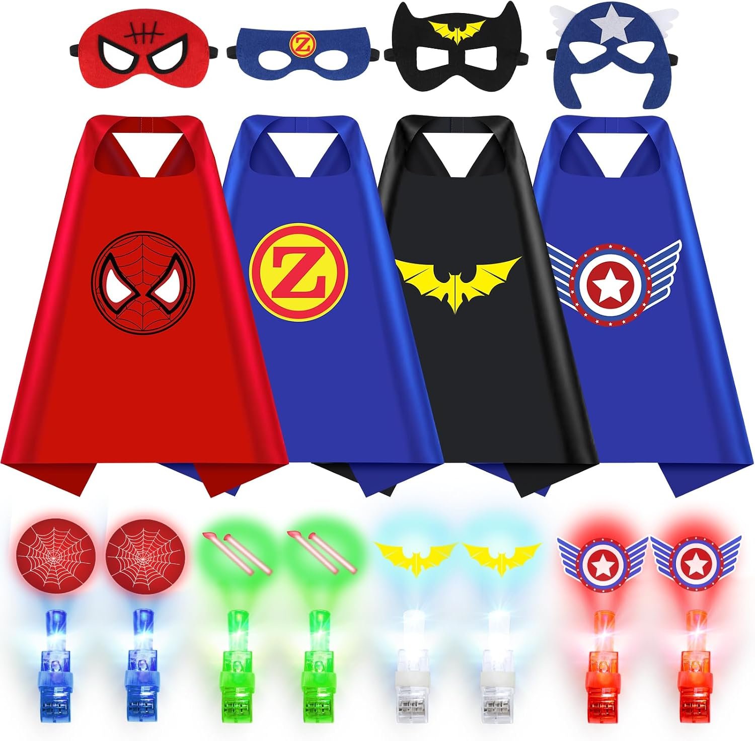 KUBUSFLY Superhero Capes with Finger Lights, Masks Dress Up for Kids 3-12 | 4 Capes, 4 Masks, 8 Lights for Halloween Costumes, Dress Up Party, Birthday Gift, Pretend Play, Creative Play Fun