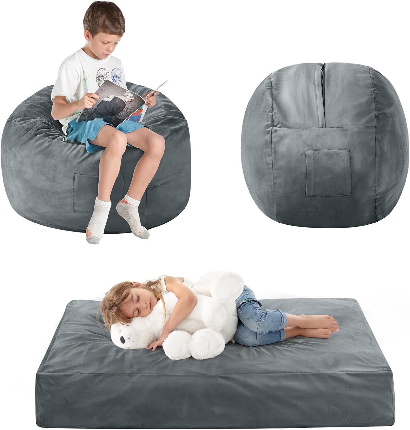 Kids Bean Bag Chair Bed – Convertible Lazy Chair to Floor Mattress with Filler – Small Beanbag Chair for Boys and Girls – Floor Couch Sofa in Bedroom, Classroom, Reading Nook – Charcoal
