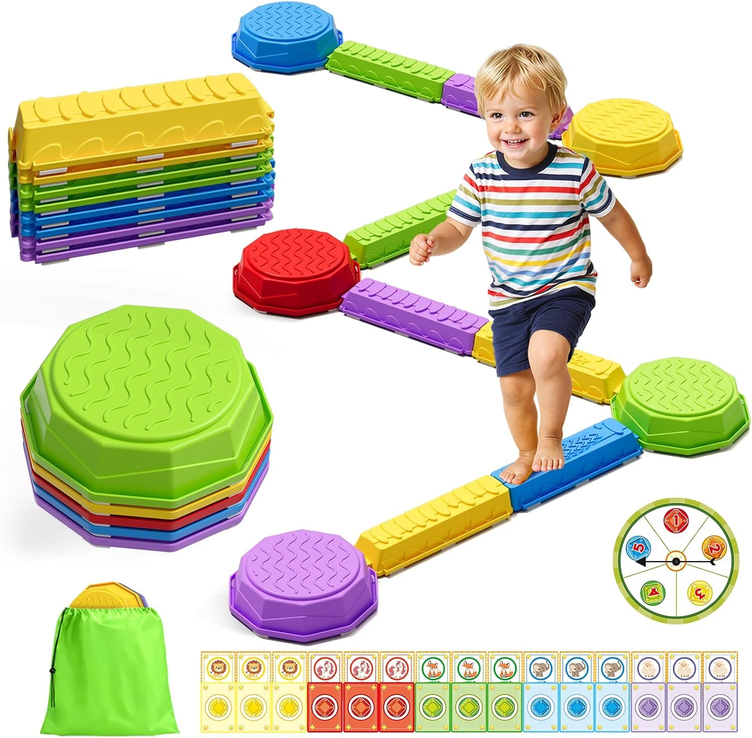 Wee Wonders Balance Beam Stepping Stones for Kids, Obstacle Course Toys | Non-Slip Sensory Stepping Blocks, Stackable Balance Stones with Game Spinner & 30 Cards, Indoor Outdoor Toys for Toddler 3-8