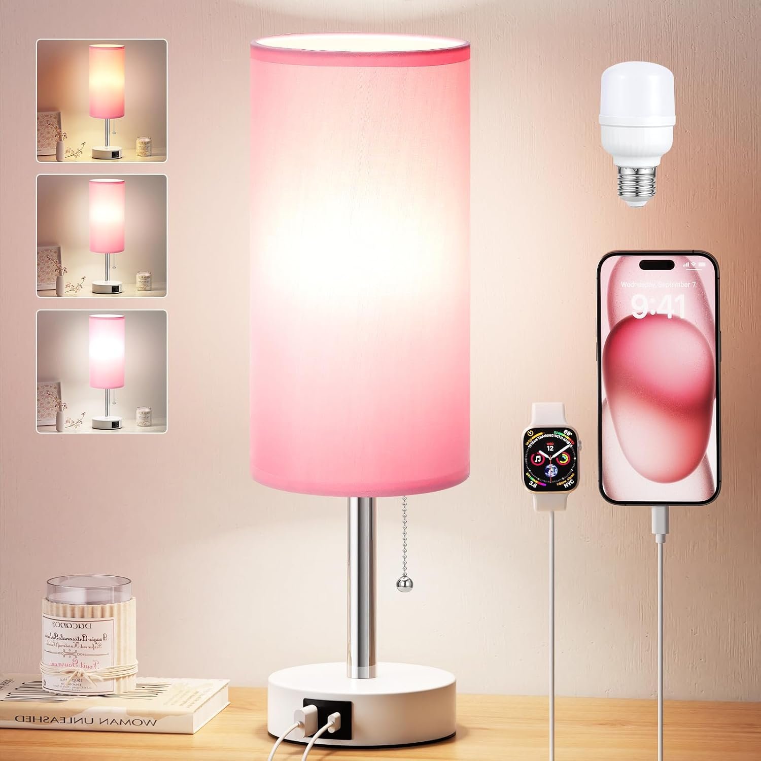 Dicoool Pink Bedside Table Lamp for Girls Bedroom – USB A+C Charging Ports | 3 Color Temperatures, USB A+C Port, Bulb Included, Pink Fabric Shade, Matte White Metal Base, 14″ Desk Lamp for Kids Dorm