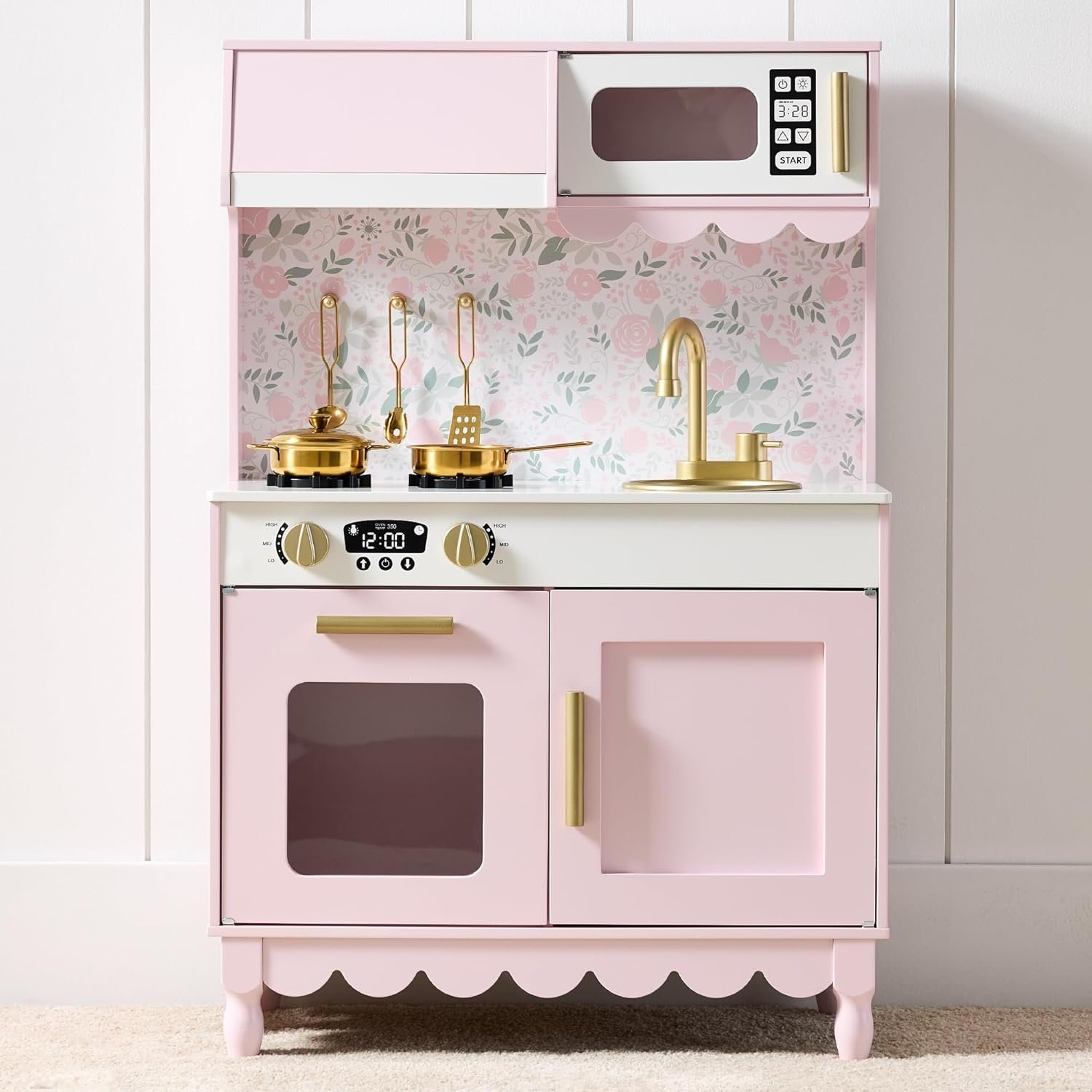 Best Choice Products Toddler Kitchen Playset, Wooden Cottage Kids Play Kitchen with 5 Accessories, Toy Storage, Scalloped Edge, and Pretend Play Microwave, Oven, Clicking Knobs – Pink