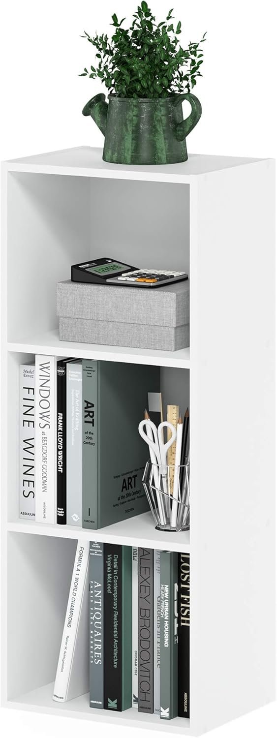 Furinno LUDER Book Shelf, 3-Cube Bookshelf, Bookcase with Open Shelves, 9.3 x 12 x 31.5, Easy Assembly, for Living Room, Bedroom, Home Office, White