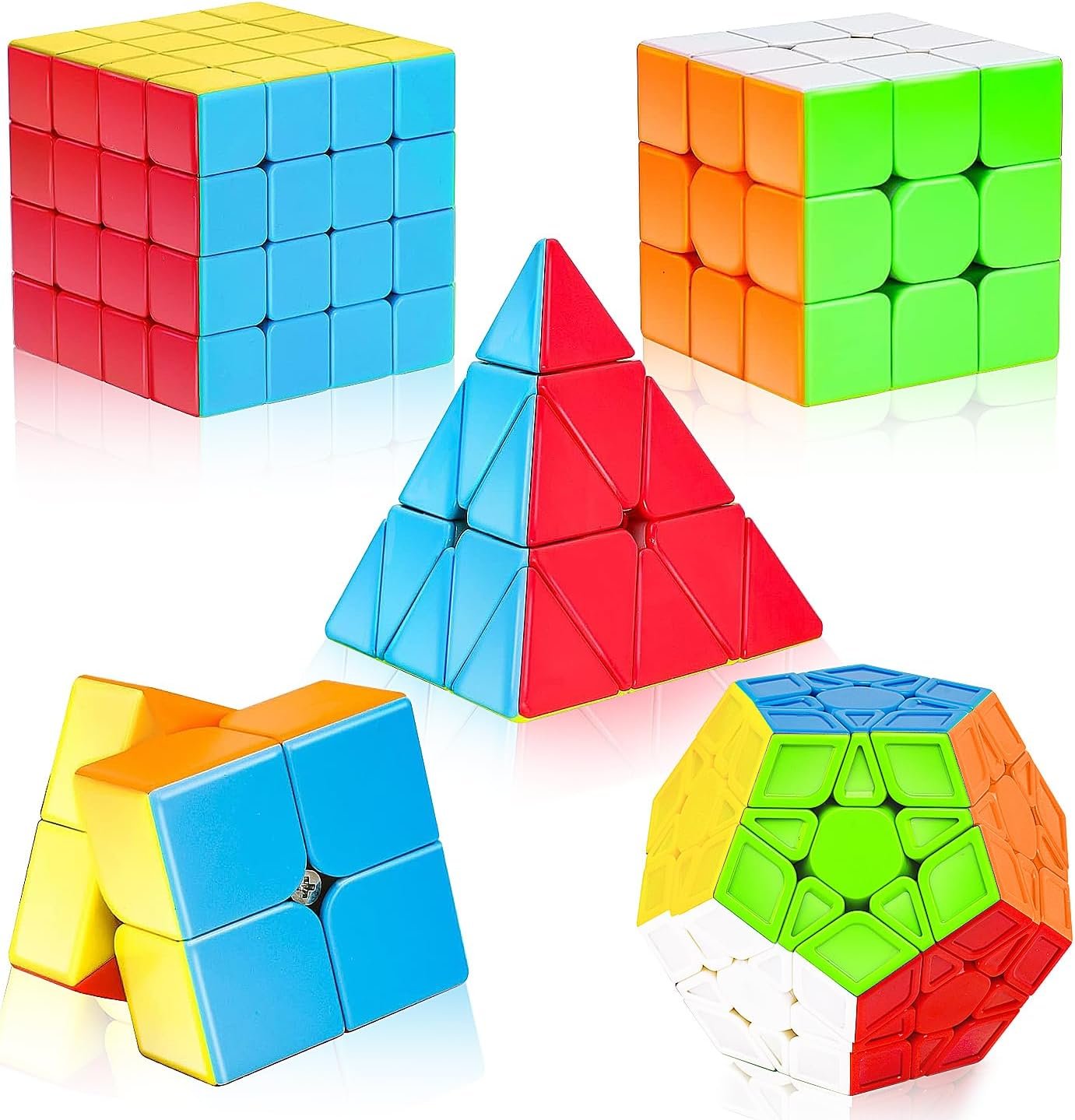 AuntyFey Speed Cube Set, 5 Pack Speed Magic Cube with Speed Cube 3×3, 2×2, 4×4, Pyramid Megaminx Stickerless Cube for Kids Toddlers Adults, Puzzle Cube Set for Kid