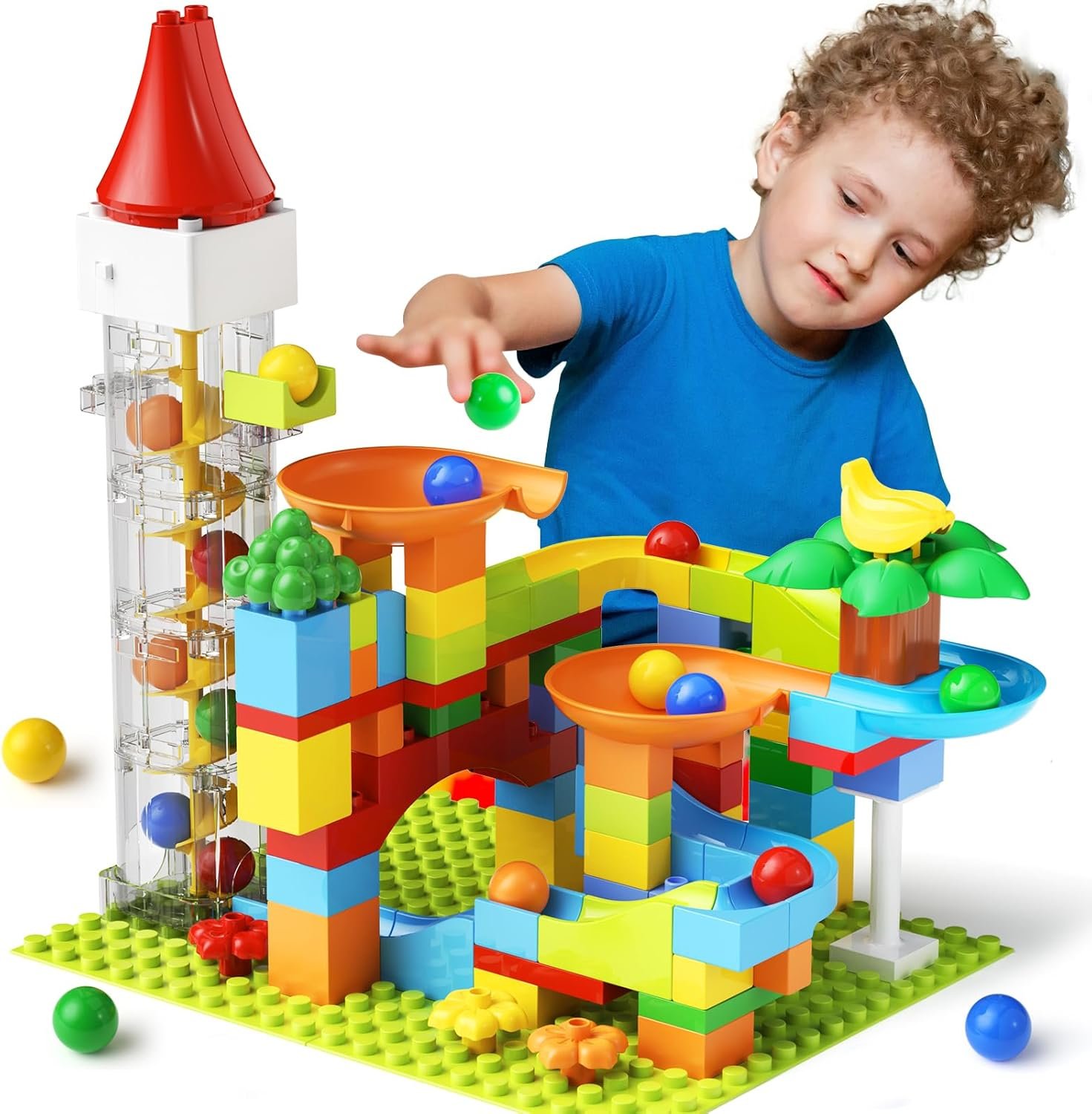 burgkidz Marble Run Building Blocks: 90-PCS Motorized Elevator | Perpetual Motion for Endless Runs – STEM Educational Construction Toys for Toddlers Age 4-8 – Compatible with Major Brands