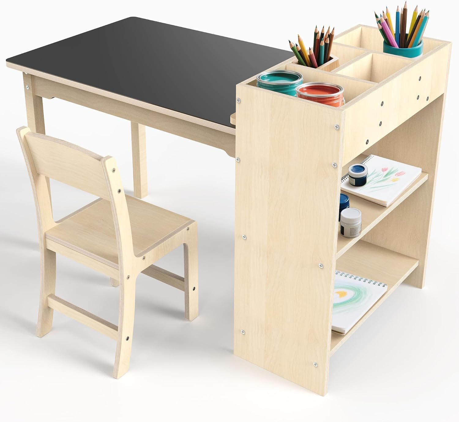 Kids Art Table and Chair Set, Sturdy Beech Wood Study Desk for Children’s Drawing, Learning & Play – Multi-Functional Activity Table for Home,Toddler Desk with Storage and 1 Chair