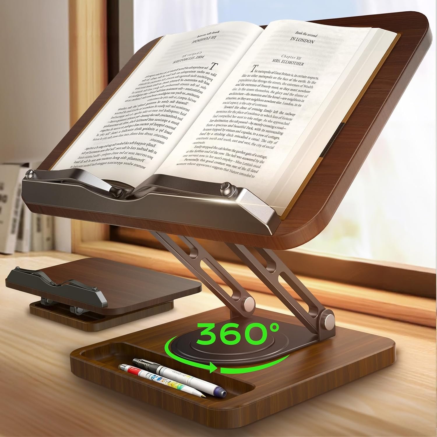 LOXP Ergonomic Book Stand for Reading, 360° Rotating Holder with Page Clip | Adjustable height angle, Storage Base, Hands-free, anti-slip, Fits tablets cookbooks magazines laptops, wood and metal