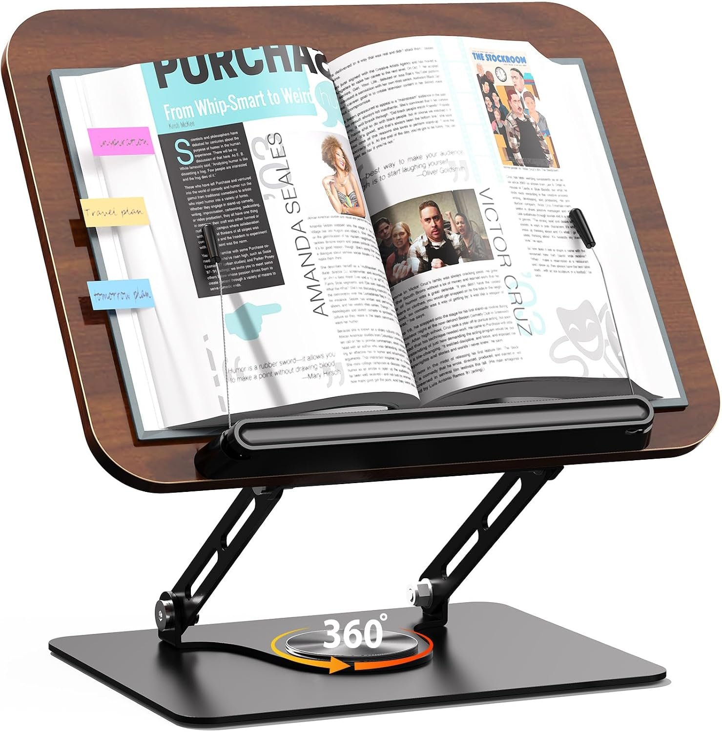 Abiglifty Book Stand for Reading,Adjustable Book Holder with 360° Rotating Base,Foldable Book Holder Stand for Cookbook,Textbook,Tablets, Laptops (Dark Wood)