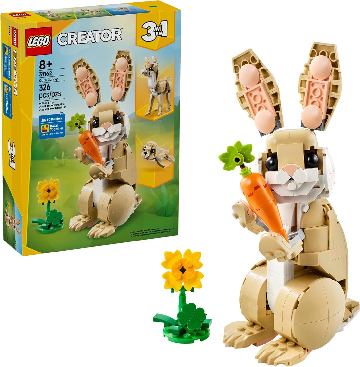 LEGO Creator 3 in 1 Cute Bunny 31162 | Building Toy, Girls & Boys, Ages 8+, Choose Your Build W/ 3 Options, 326 pcs, Display in Bedroom or Bookshelf, Gift Idea