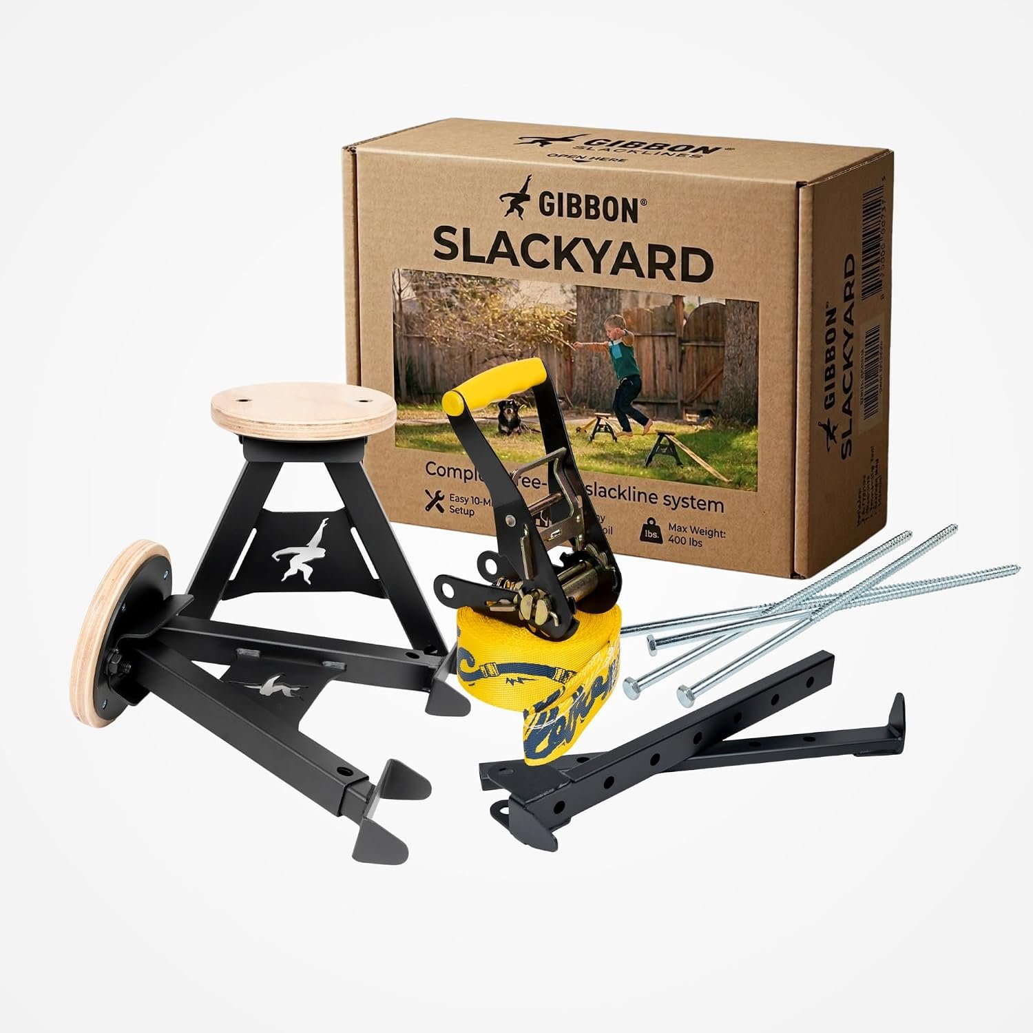 GIBBON SlackYard Slackline Kit – Freestanding, No Trees Required | Outdoor Progression from SlackBoard, Backyard Obstacle Course for Kids & Adults, Adjustable Balance Trainer Slack Line
