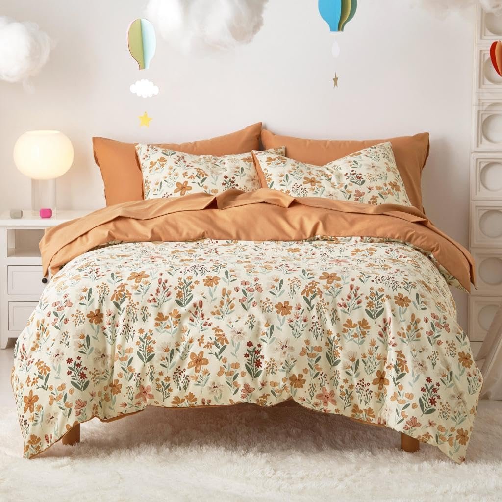Wake In Cloud – Floral Bedding Set for Girls, Cute Colorful Botanical Flowers Patterned Soft Lightweight Comforter Set with Sheets, 5 Pieces Kids Bed in a Bag, Orange Cream, Twin Size
