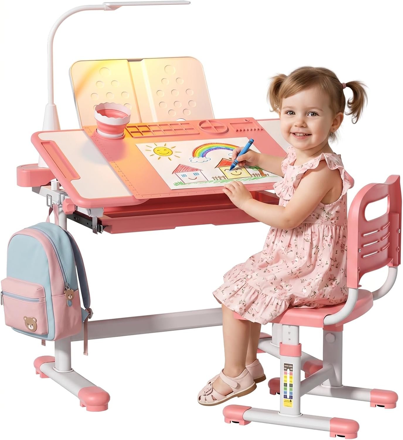 BIERUM Kids Desk and Chair Set, Height Adjustable Study Table for Ages 3-12 | 55° Tiltable Student Desk, Ergonomic Widened Desktop Table with Painting Mat, Storage Drawer for Boys and Girls (Pink)