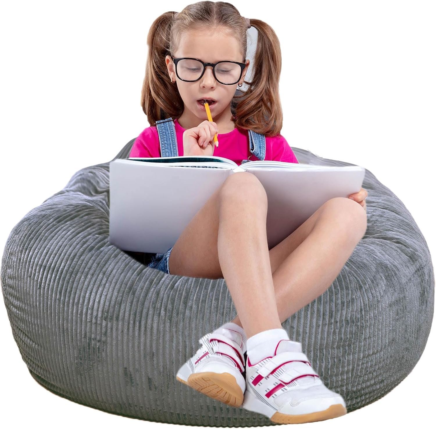 Bean Bag Chair, with Faux Rabbit Fur Cover for Teens and Kids, with Filling Memory Foam Bean Bag Chairs, Soft Faux Fur Fabric, 2.5 feet Round Fluffy Bean Bag Sofa Essential for Reading Games