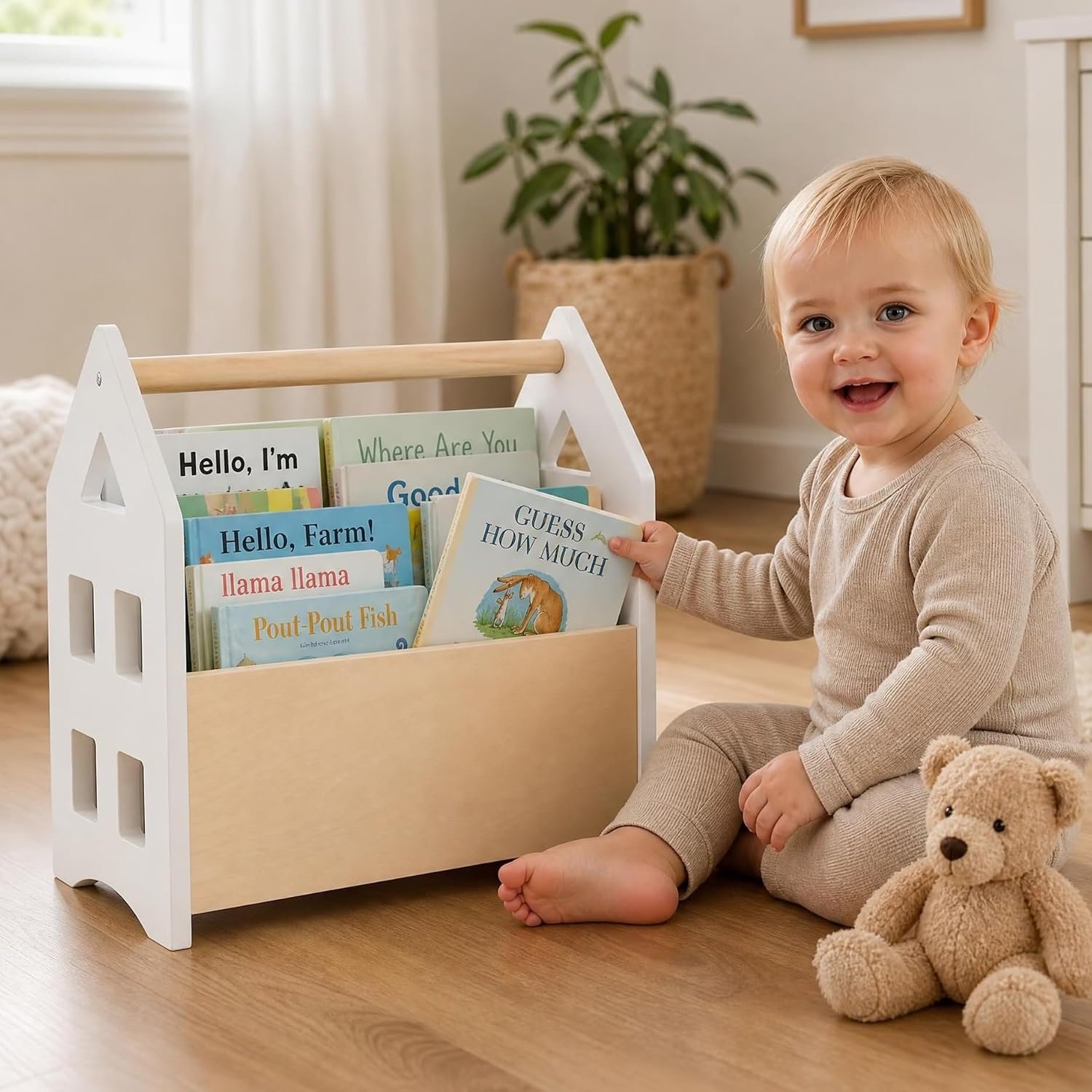 ZICOTO Decorative Wooden Bookshelf with Handle for Kids Rooms – Keeps Books Neatly Organized & Within Reach for Toddlers – Easy Install Montessori Book Shelf for Baby’s Bedroom or Playroom Decor