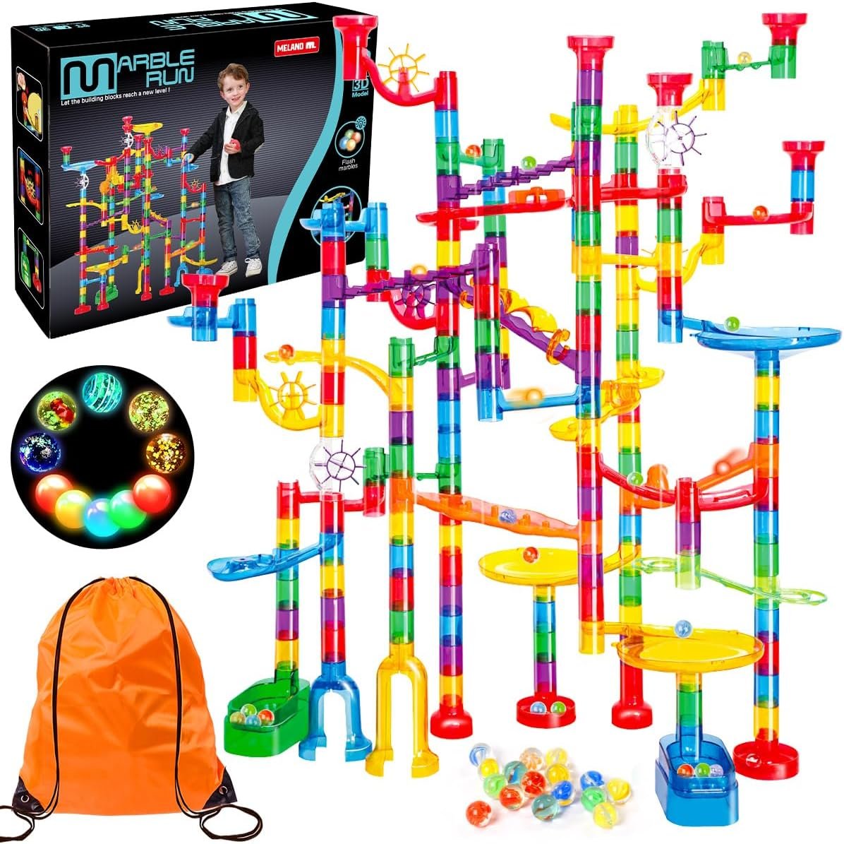 Meland Marble Run – 208Pcs Marble Maze Game Building Toy for Kids, Marble Track Race Set & STEM Learning Toy Gift for Boy Girl Age 4 5 6 7 8 9+(142 Pcs + 60 Glass + 5 Led Lighted Marbles)