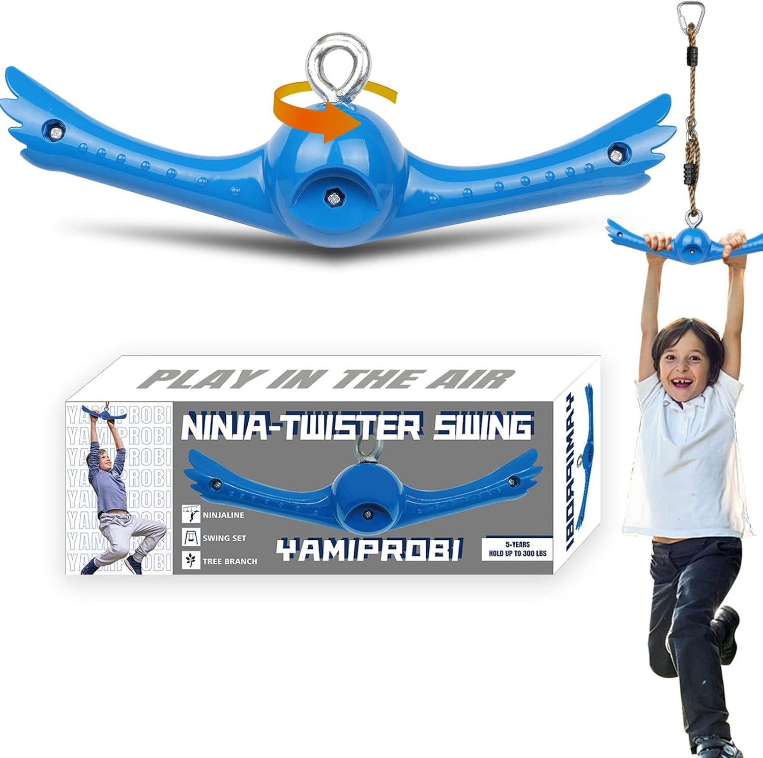 YAMIPROBI Ninja-Twister Swing Spins Set: Slackline Attachments – 360° Handle Twist-Spin Flips Toy Activate Ninja Powers Warrior Accessories Kids Hang Toys for Playground Backyard Blue