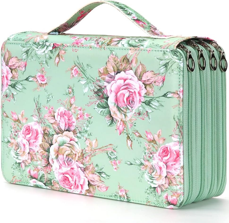 Vomgomfom 200 Slots Pencil Case 4-Layer PU Leather, Handle, Green Rose | Organizes by Color Family, Holds Colored, Blender & Ordinary Pencils, Wipes Clean, Resists Fur & Dust
