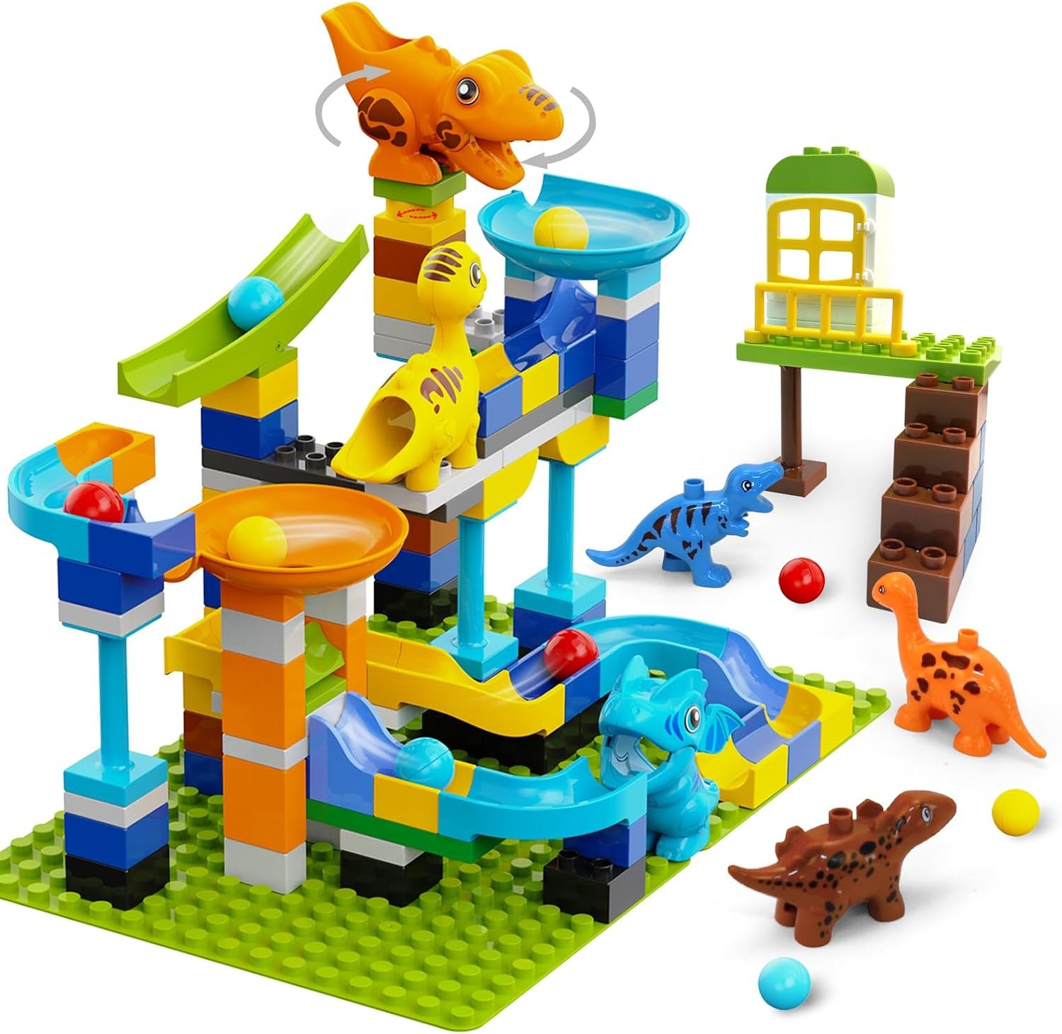 Marble Run Building Blocks Ages 3+, 121 PCS STEM Toy with 6 Dinosaurs | 2 Baseplates & Step-by-step Guide, Sturdy Construction Set, Christmas & Birthday Gift for Boys and Girls Ages 3 4 5