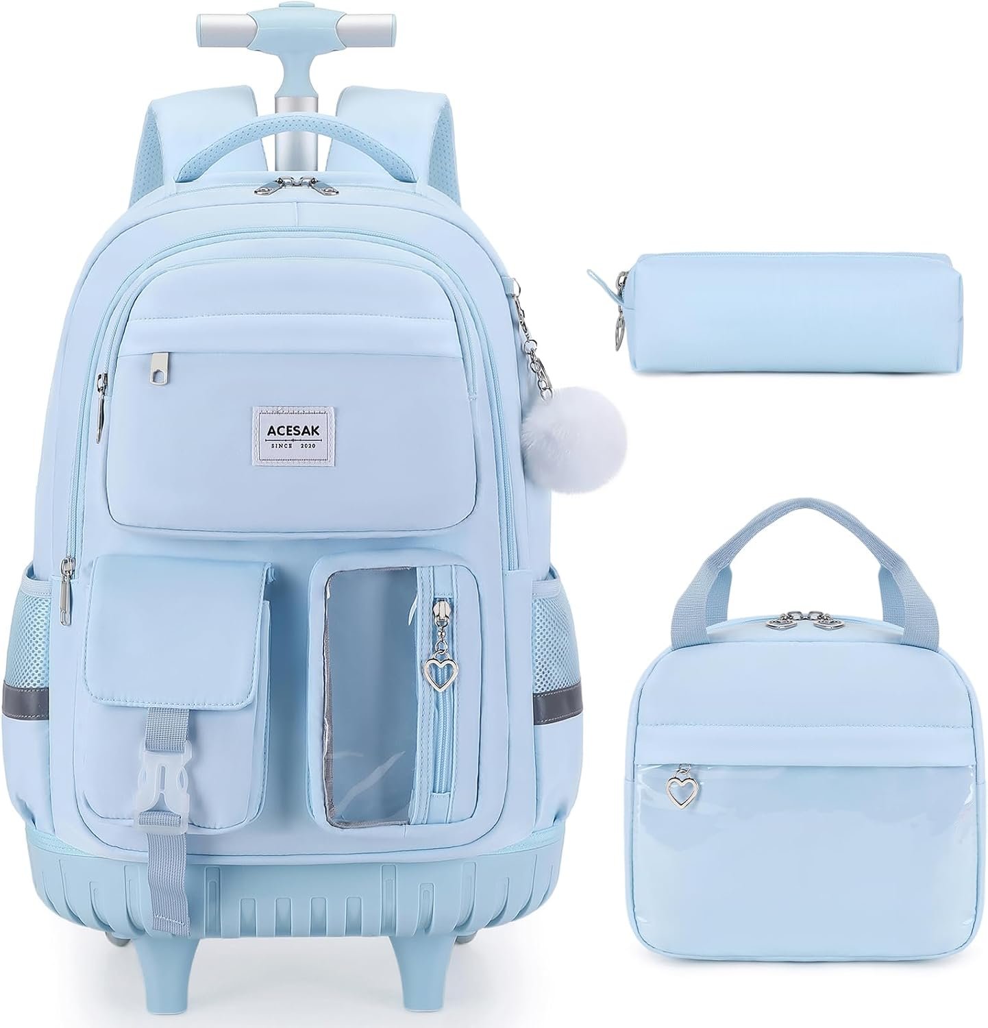 ACESAK Rolling Backpack for Girls, Roller Backpack with Lunch Bag & Pencil Pouch for Teen Girls Kids, Bookbag Backpack with Wheels for Women Elementary Middle High School Travel (Blue)
