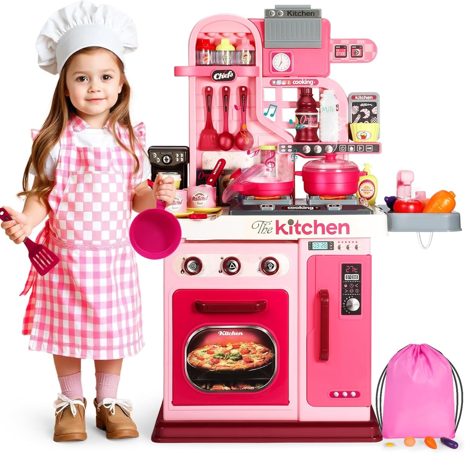 DRAMATION Kids Kitchen Playset, 27.1 Inches Play Kitchen with Sound and Light, Kitchen Set for Toddlers 1-3 3-5, Cooking Stove, Play Sink and Kitchen Accessories, Toy Kitchen (Pink) | Kitchen Set for Kids Aged 3-5 6-8, Toy Kitchen with Cooking Stove, Play Sink and Kitchen Accessories (Pink)