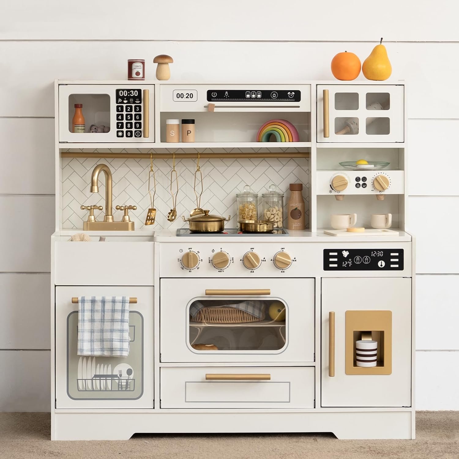 Wooden Play Kitchen for Kids with Real Lights and Sounds for Pretend Play | Stove, Sink, Oven, Coffee Maker, Ice Maker, Cabinets and 15 Accessories Create a Complete Cooking and Serving Setup, Ages 3+