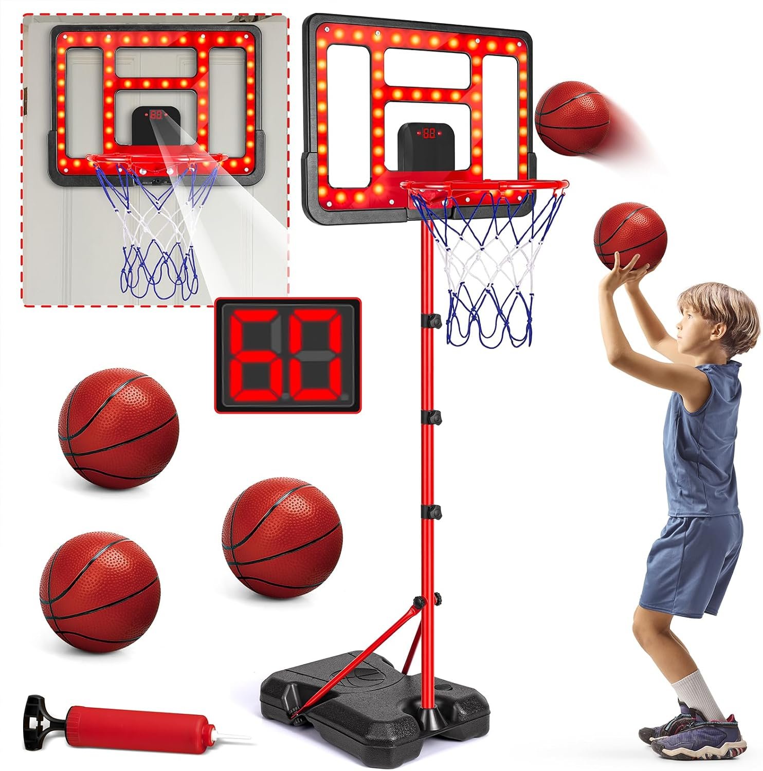 Kids Basketball Hoop with Scoreboard & LED, Sports Toy Gift for 3-8 Year | Basketball Hoop Adjustable Height 3.5FT-6.2FT, Indoor & Outdoor Toddler Basketball Hoop, Portable Basketball Goals Sport Game