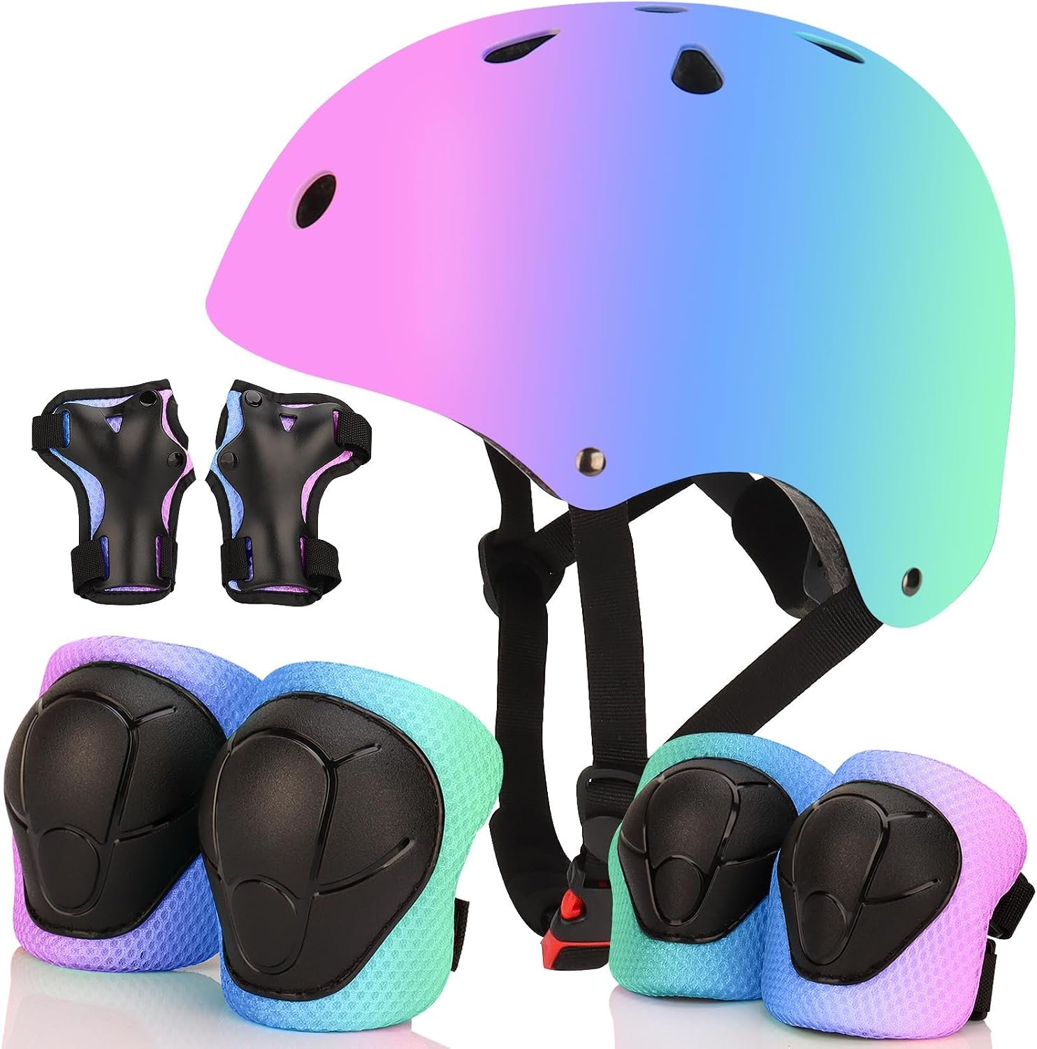Color Gradient Adjustable Bike Helmet with Knee and Elbow Pads – Kids Toddler Boys and Girls Skateboard Helmet for Ages 3-14 | Ideal for Riding, Scooters, Inline Skating, Longboarding, Roller Skating