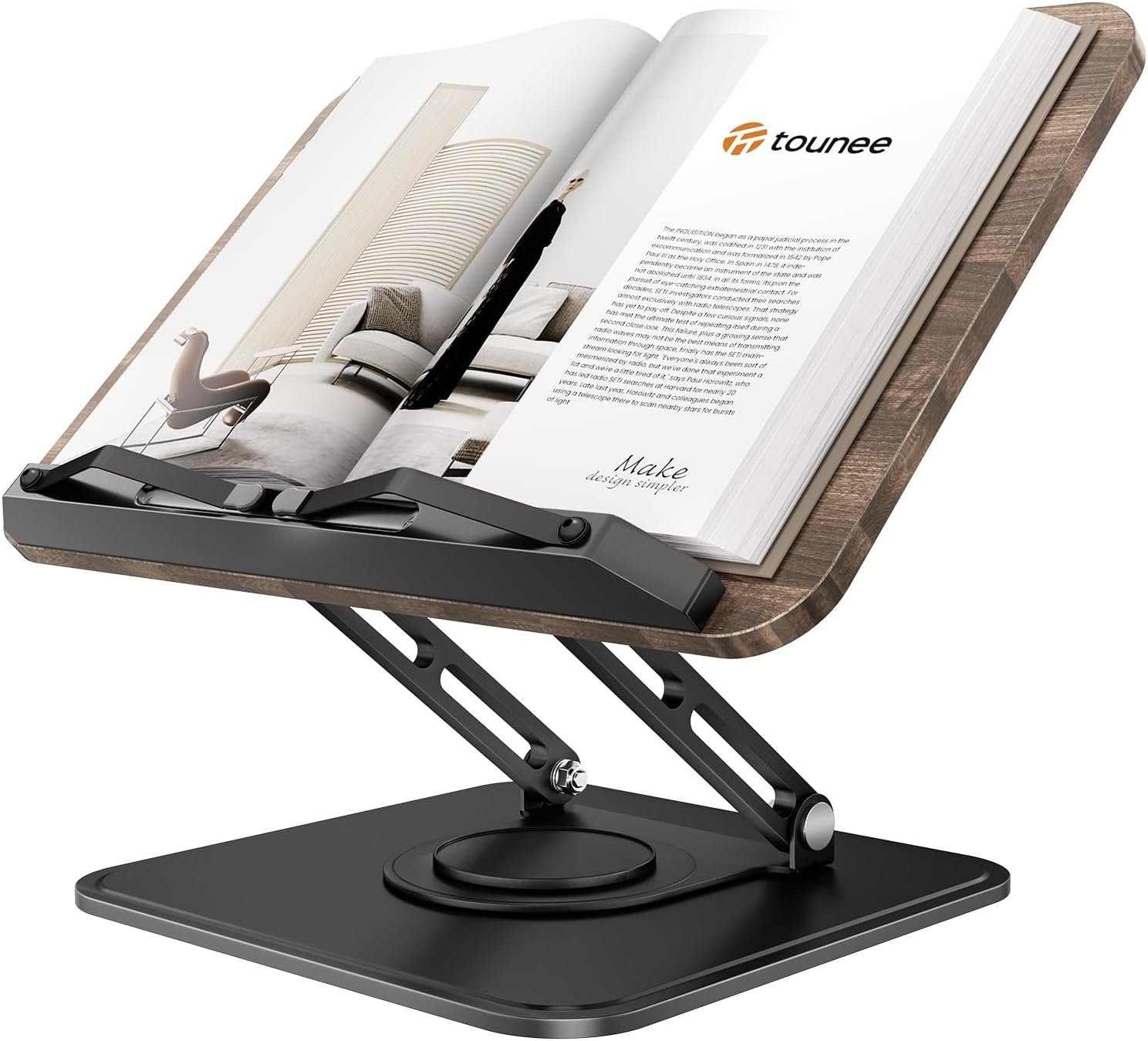 Tounee Book Stand, 360° Rotating Reading Book Holder, Adjustable Cookbook Holder for Reading Hands-Free, Foldable Desktop Recipe Book Stand with Protective Page Clips, Fits All Books – Black