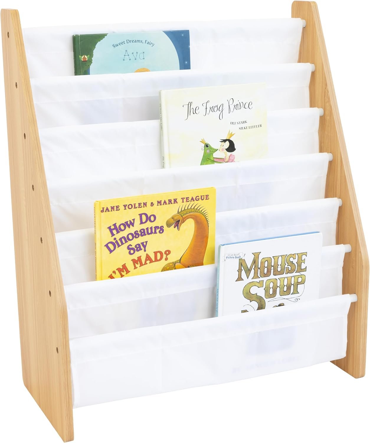 Humble Crew Kids Bookshelf, Montessori Front Facing Toddler Bookcase 4Tier | Book display rack and reading nook organizer, nylon pockets show covers face out, compact for any playroom or bedroom space