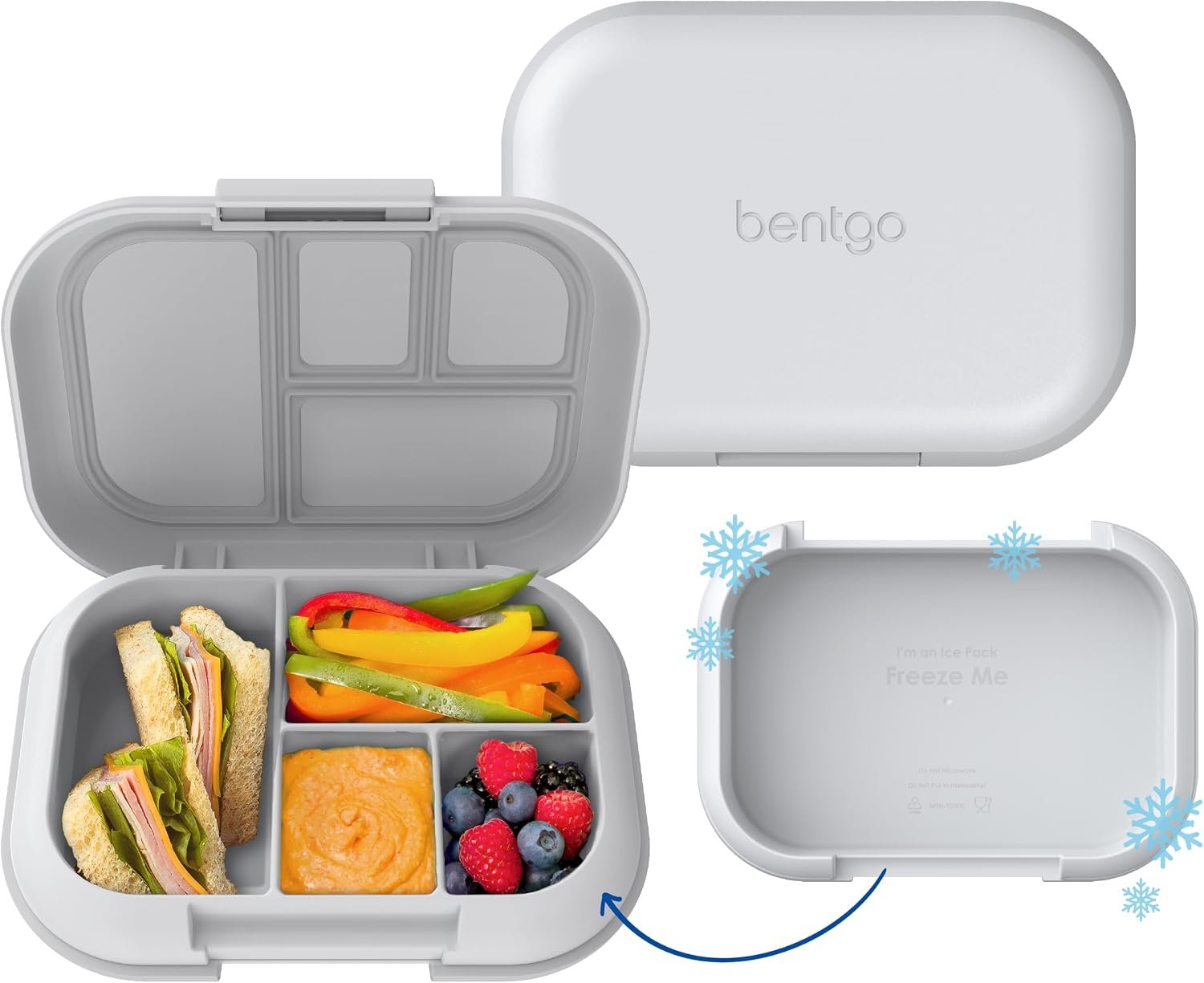Bentgo Chill Kids 4-Compartment Bento Box Leakproof Lunch Box | Built-In Ice Pack, 3.3 Cup Capacity, BPA-Free, Microwave & Dishwasher Safe Tray, Ideal for Ages 3–7 (Gray)