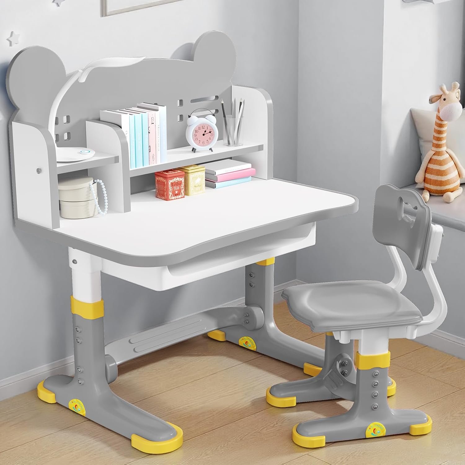 Kids Desk and Chair Set, Height Adjustable Kids Desk | Child’s School Study Writing Tables with Bookstand and Storage Drawer, Widened Desktop with Desktop for Boys and Girls