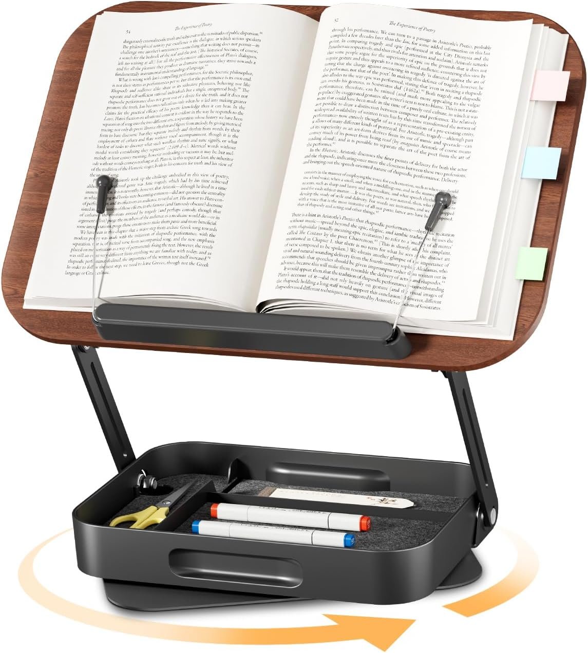 Adjustable Book Stand with Storage Drawer, 360° Rotating Book Holder, Height & Angle Adjustable, Extra-Wide Page Clips for Thick Books, Wood & Aluminum Book Stand for Desk, Study, Kitchen