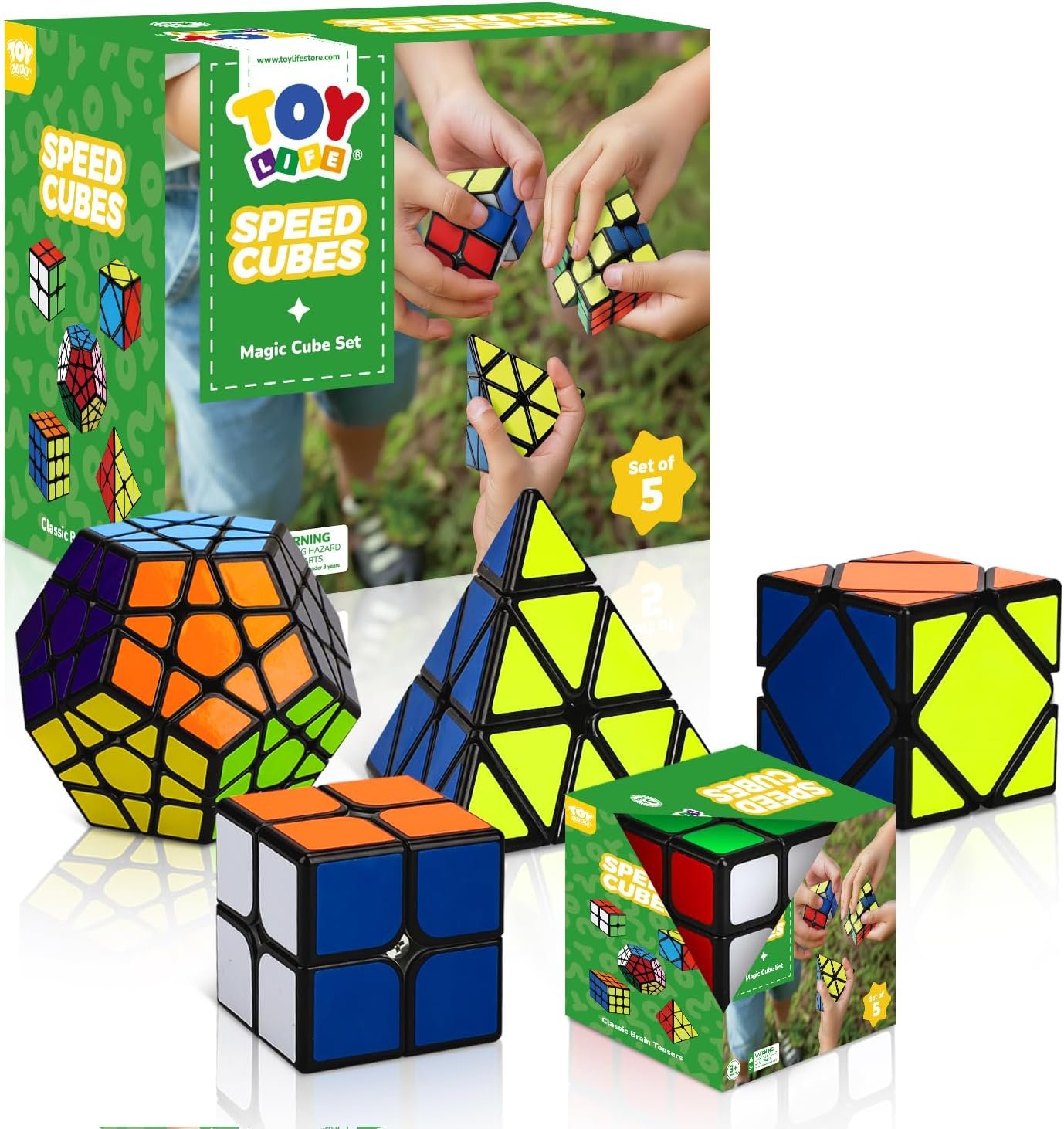 STEAM Life Speed Cube Set 5 Pack Magic Cube | Includes Speed Cubes 3×3, 2×2 Speed Cube, Pyramid Cube, Megaminx Cube Puzzle Cube Bundle for Kids & Adults