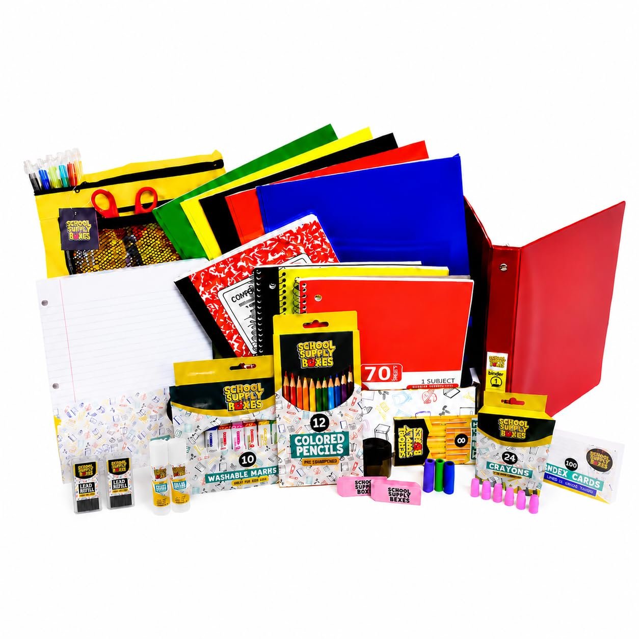 Elementary School Essentials Bundle | 1 Box – 91 Pieces per Box | School Supply Boxes – Back to School Essentials | Includes Binders, Folers, Notebooks, Filler Paper, Pencils, Notecards, Pens, & More