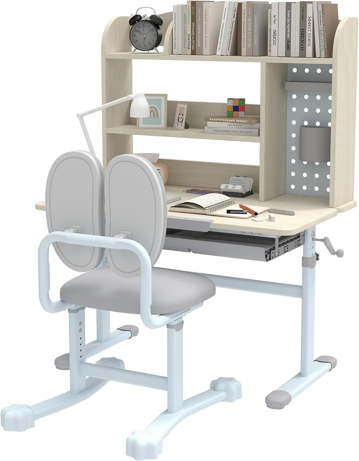 Qaba Kids Desk and Chair Set Height Adjustable for Kids Ages 3-12 Gray | Children Study Desk, Tiltable Desktop, Hutch and Storage Drawer