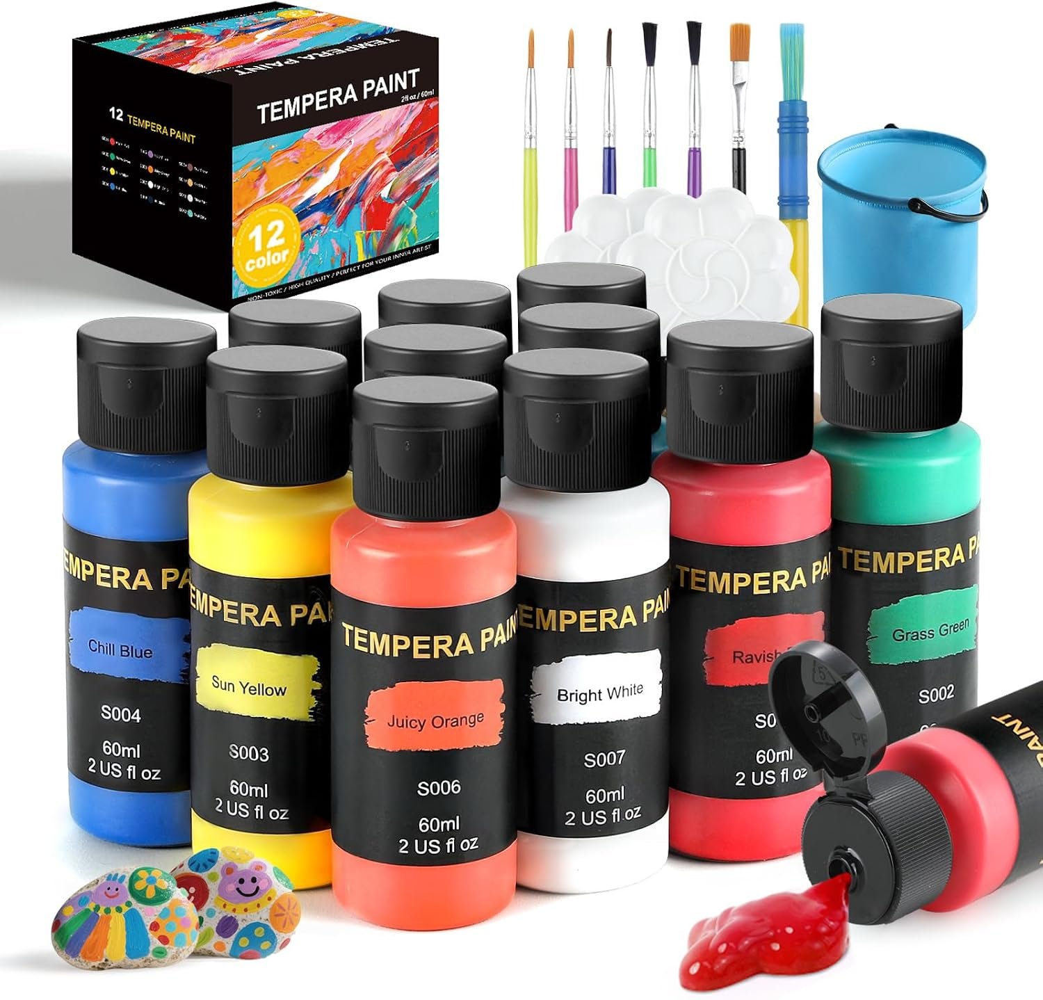Washable Paint for Kids 12 Colors, Non-Toxic, Safe & Washable for Toddlers, Tempera Paint with Brushes, Palette & Bucket, School Project Art Supplies