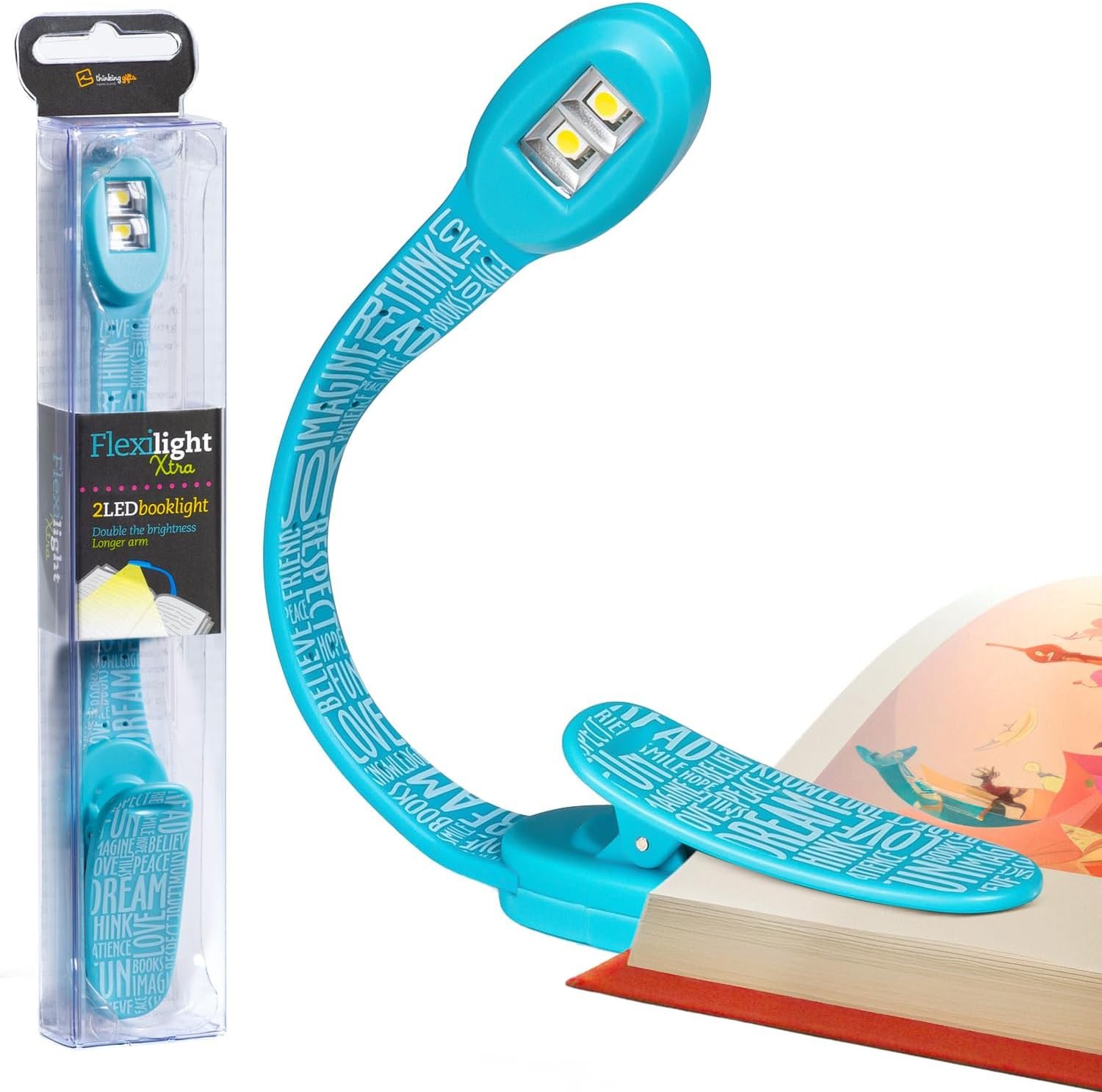 Gifts for Readers & Writers Book Light, Clip On Reading Light for Bed, 2in1 Flexilight Xtra & Bookmark, Portable & Lightweight with an Ultra Bright Glow, 2 Batteries Included, Blue Words